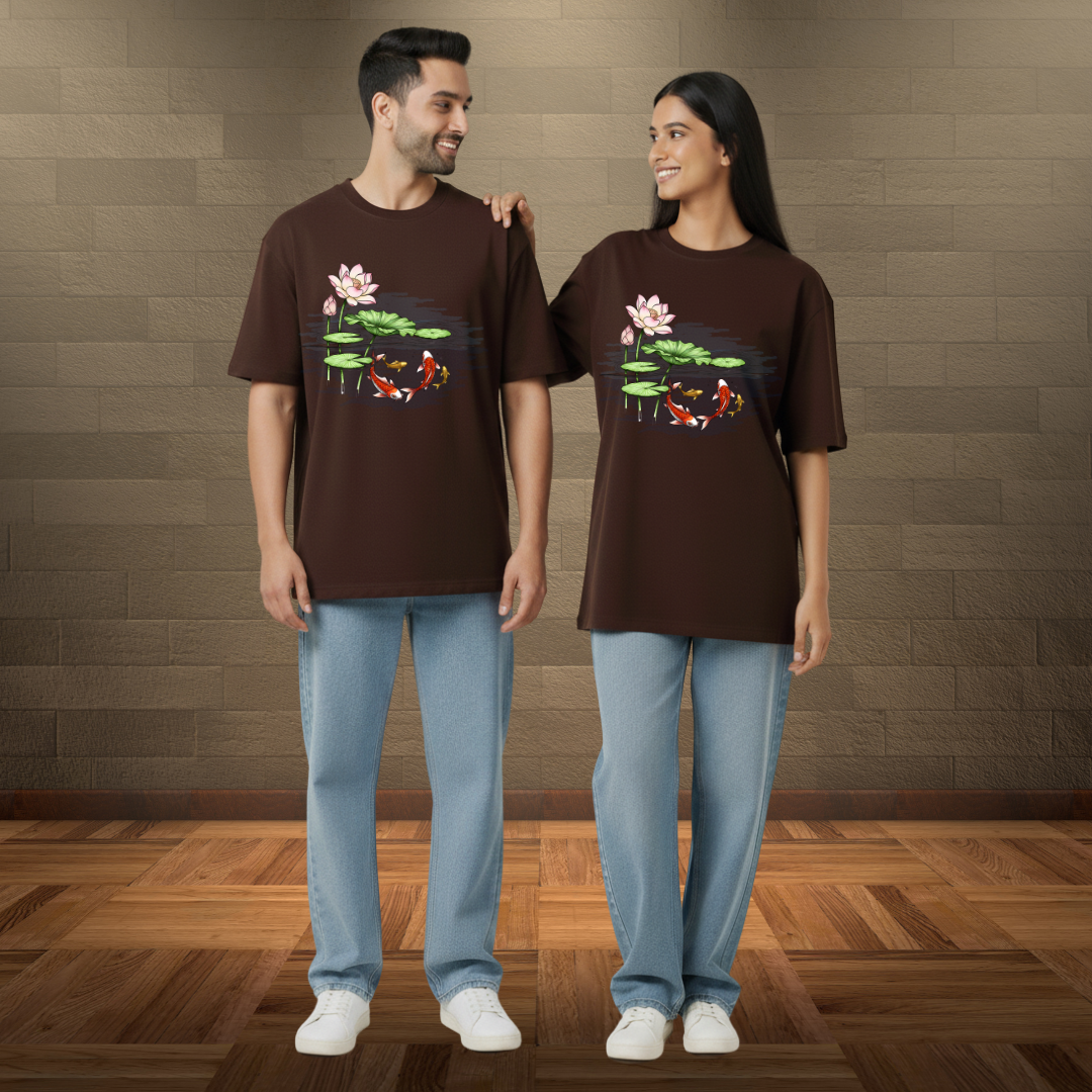 Hand-Painted Koi Fish Lotus Pond Oversized T-Shirt