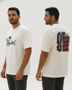 Oversized Unisex T-Shirt, Travel and Adventure Graphic Print, 100% Cotton Breathable Fabric, Cream, Short Sleeve, Casual Streetwear
