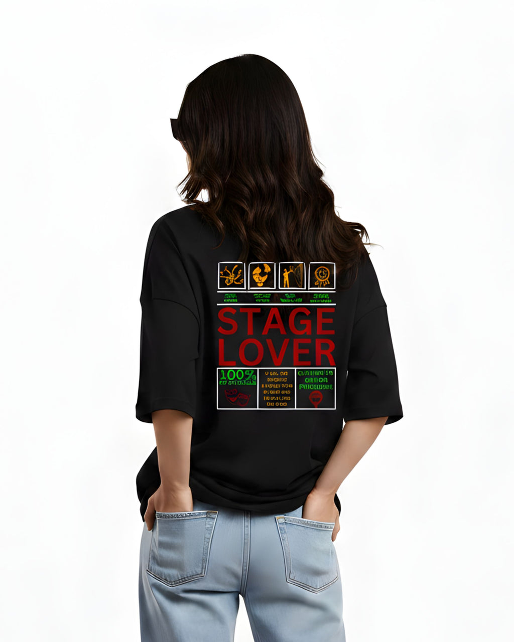 Stage Lover Graphic Oversized T-Shirt, Black, Bio-Washed Breathable Pure Cotton, Half Sleeve, Crew Neck, Casual Streetwear