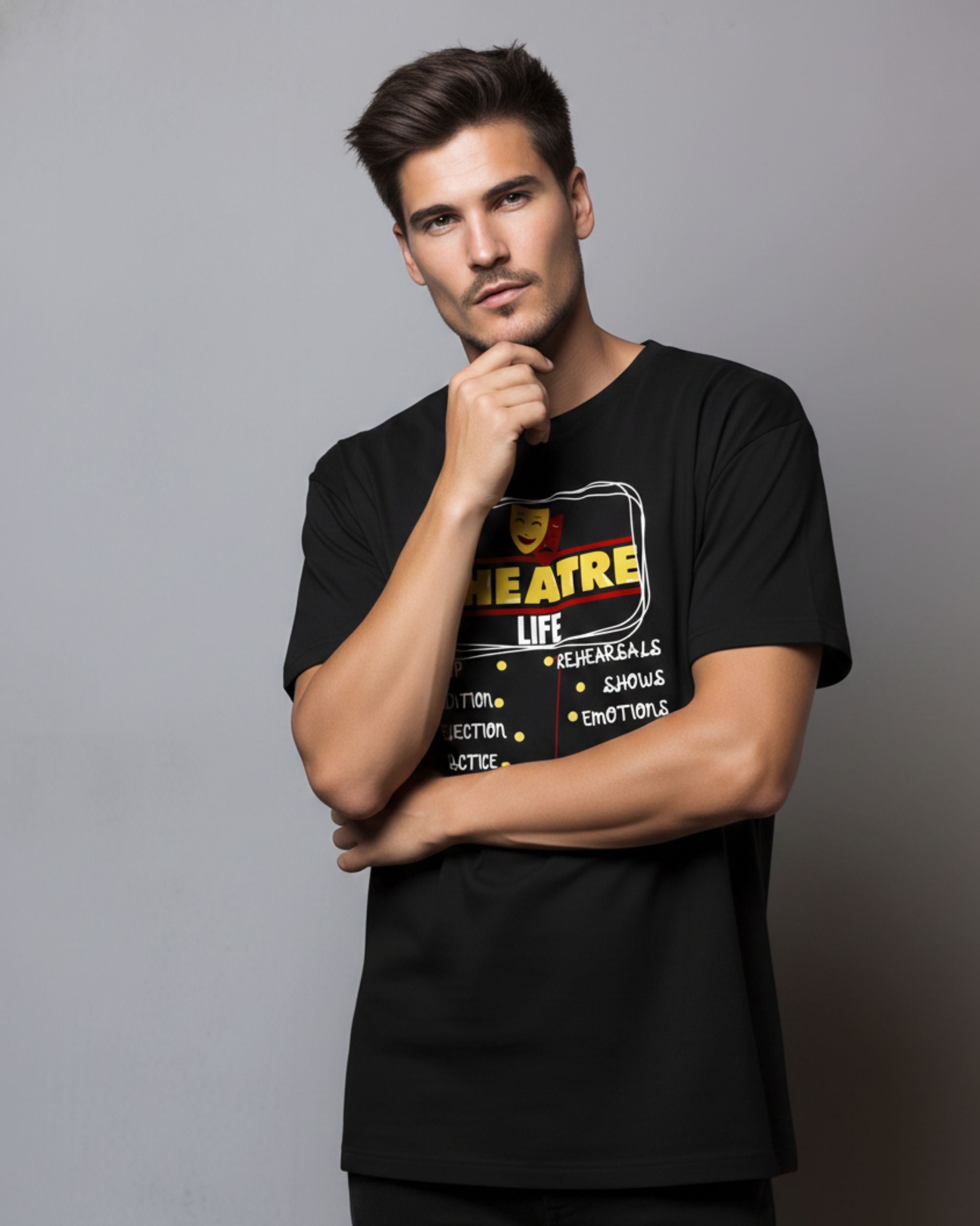 Theatre Life Graphic Print Unisex T-Shirt, Pure Cotton Breathable Fabric, Crew Neck, Regular Fit, Black