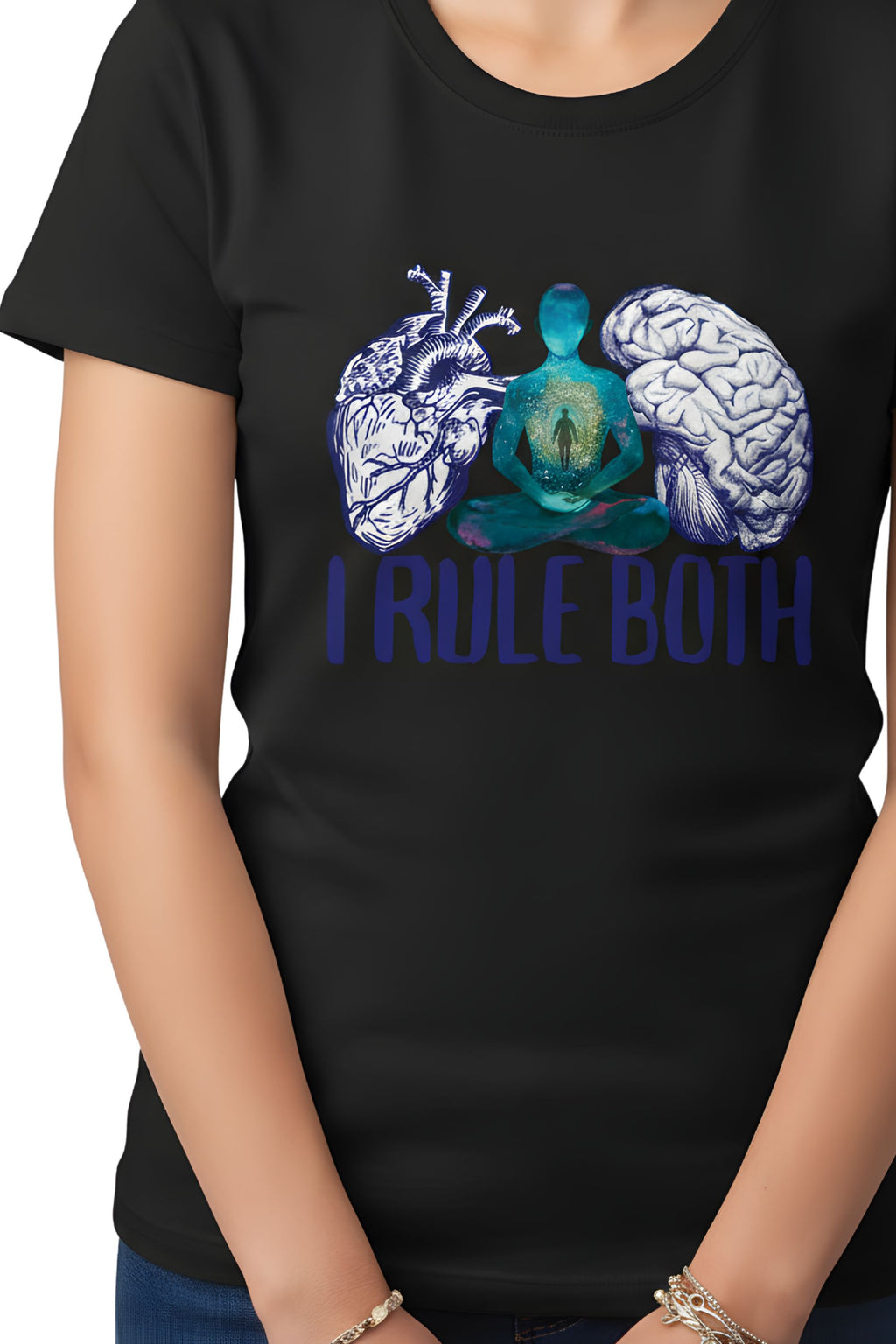 Black Cotton Printed T-Shirt for Woman, Meditation Wellness Theme, Short Sleeve, Crew Neck, Regular Fit