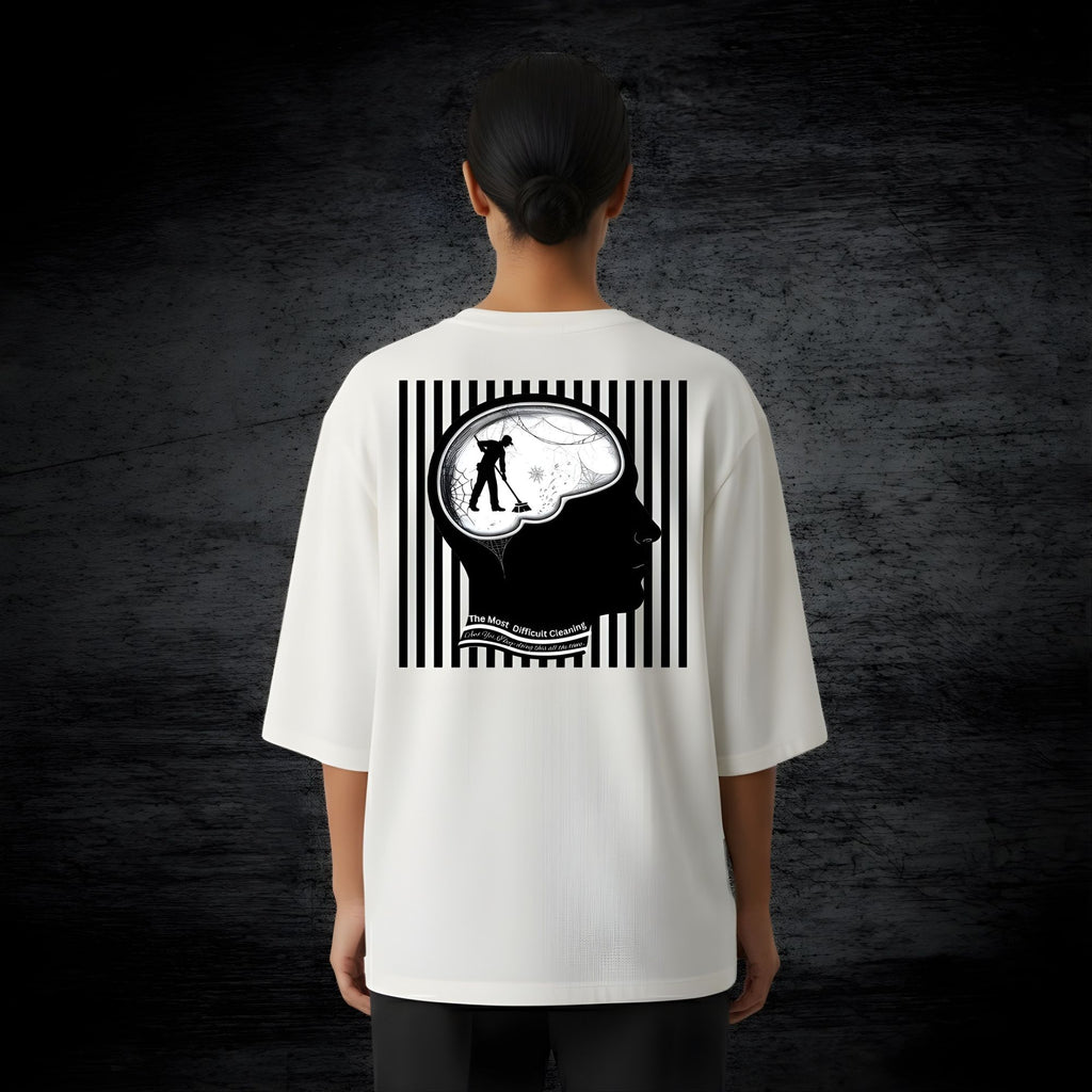 Unisex Cotton Oversized T-Shirt, Off White, Crew Neck, Drop Shoulder, Short Sleeve, Positivity Mind Theme Printed Graphic