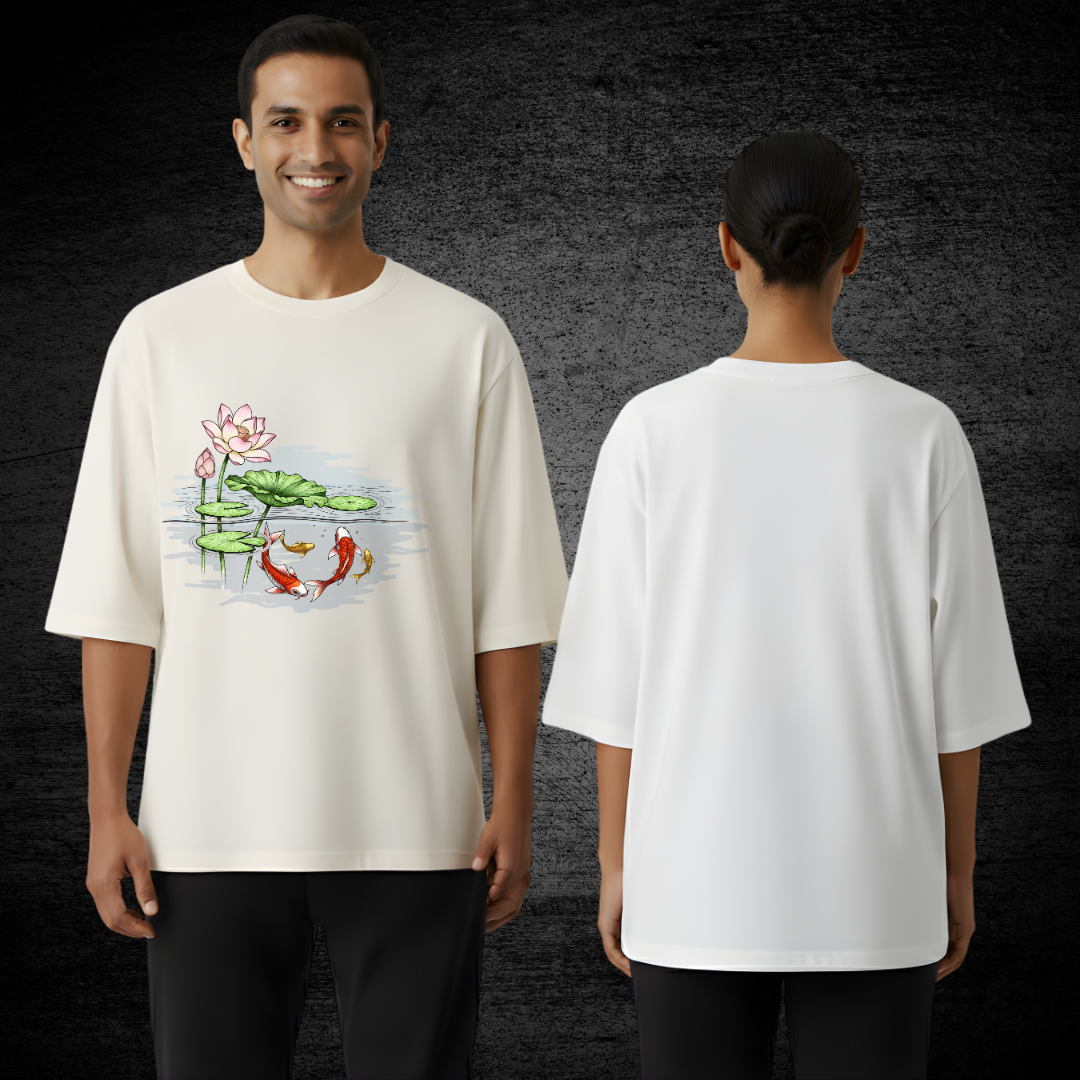 Hand-Painted Koi Fish Lotus Pond Oversized T-Shirt