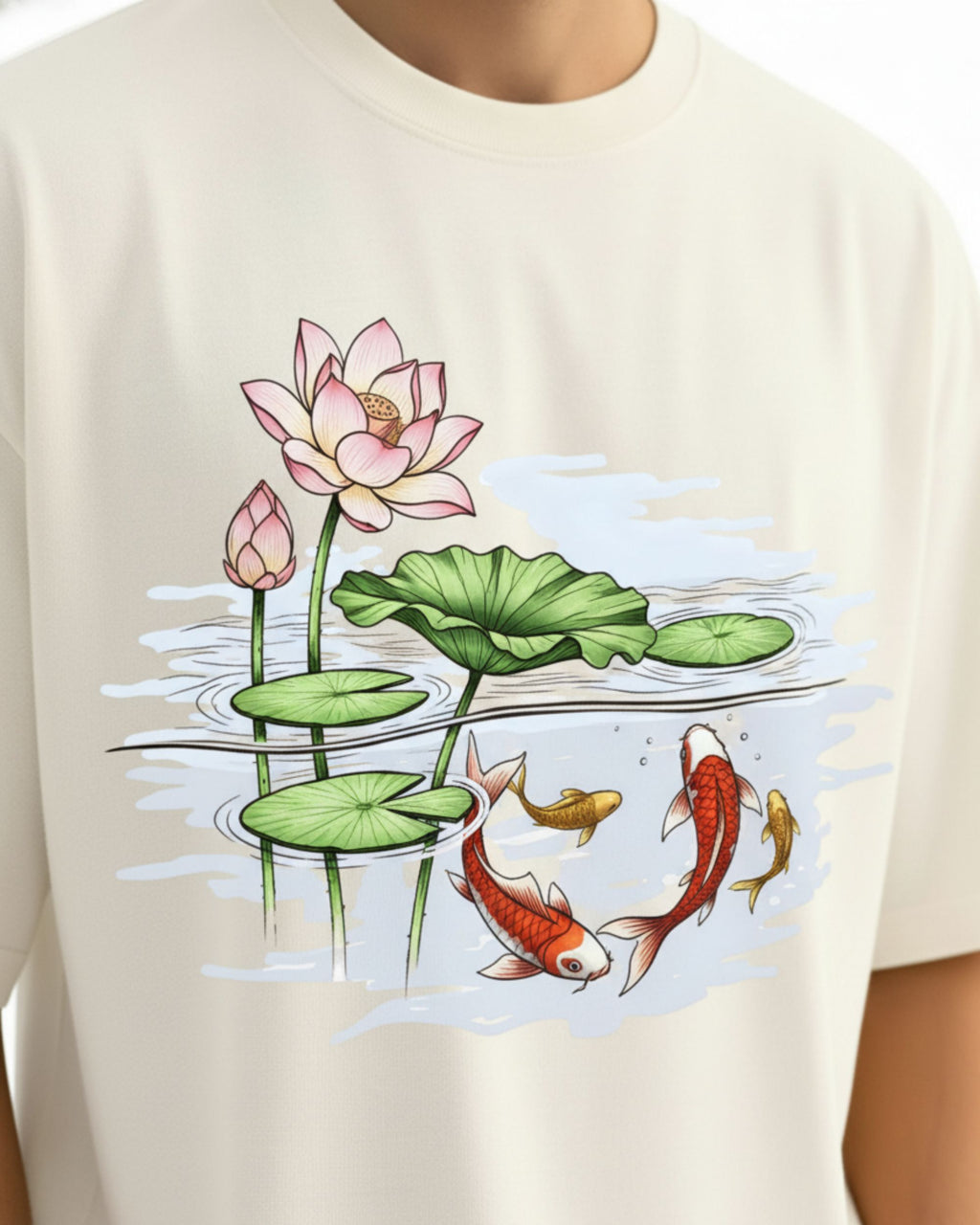 Nature Fish Lotus Print Oversized T-Shirt, Off White, Cotton, Unisex, Short Sleeve, Crew Neck, Casual Graphic Tee