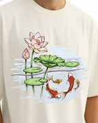 Nature Fish Lotus Print Oversized T-Shirt, Off White, Cotton, Unisex, Short Sleeve, Crew Neck, Casual Graphic Tee