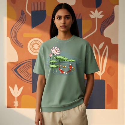 Hand-Painted Koi Fish Lotus Pond Oversized T-Shirt