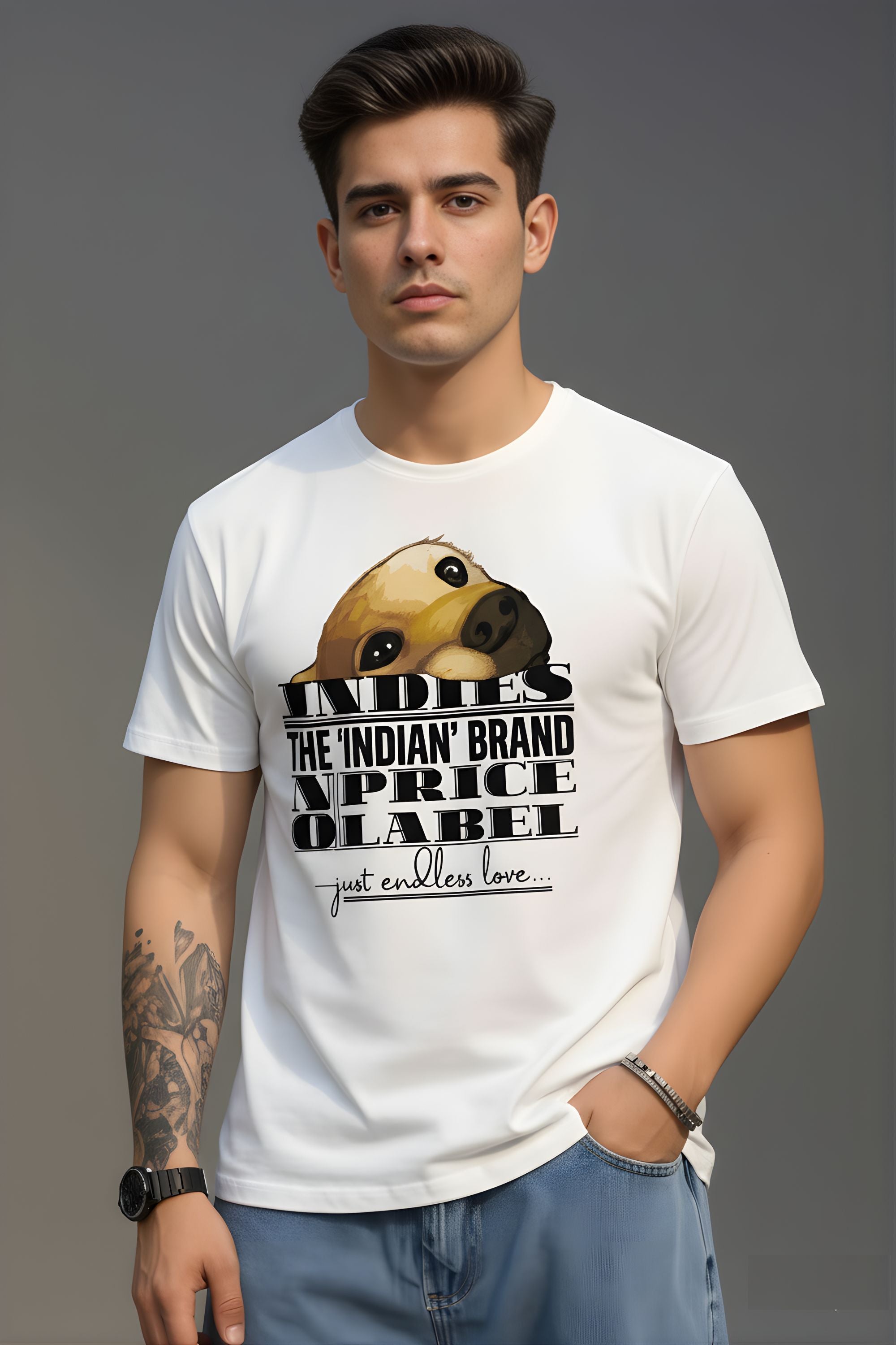 Men's White Cotton Graphic Printed T-Shirt, Regular Fit, Crew Neck, Short Sleeve, Indies Dog Lover