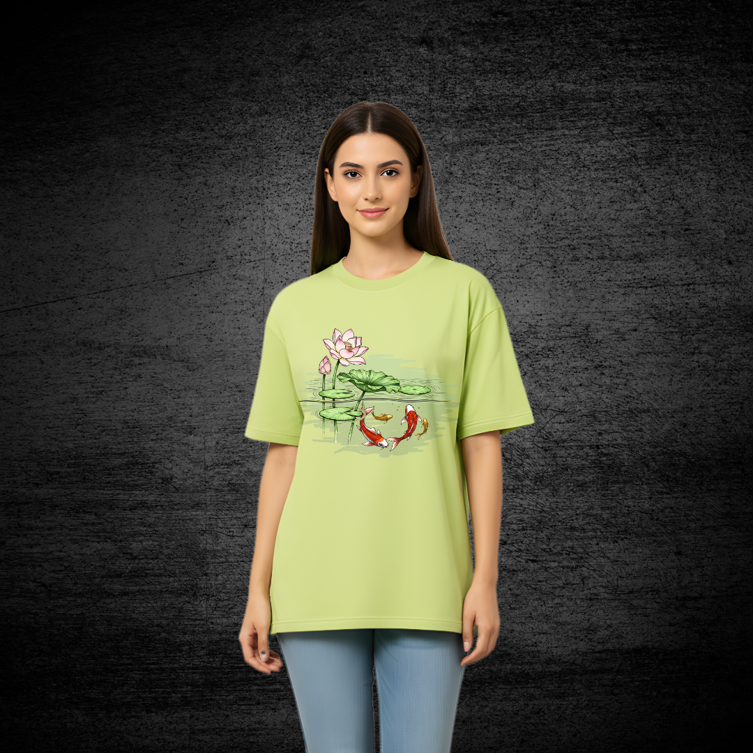 Hand-Painted Koi Fish Lotus Pond Oversized T-Shirt