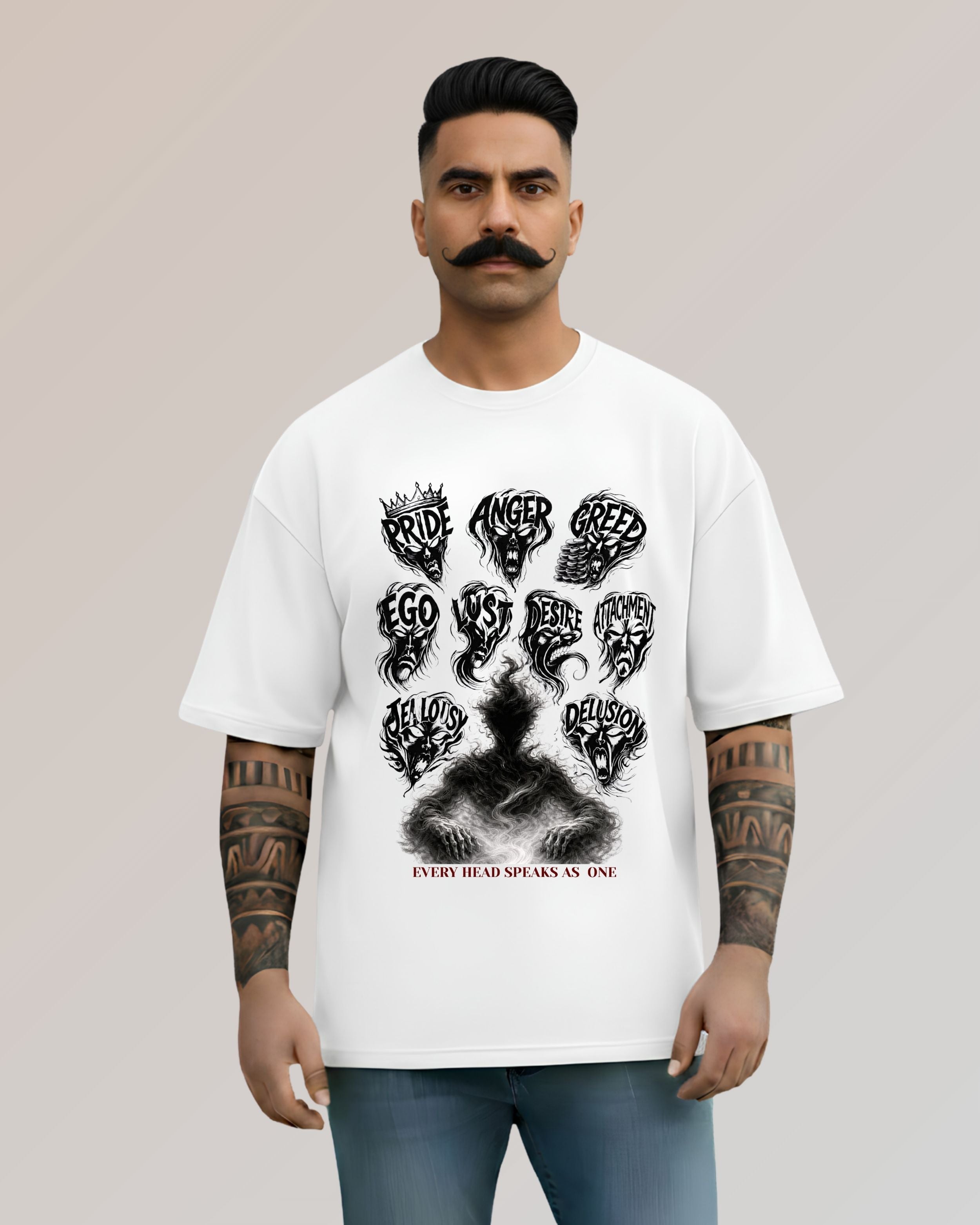 Ravan Ten-Headed Graphic Oversized T-Shirt, White, Cotton, Printed, Crew Neck, Half Sleeve