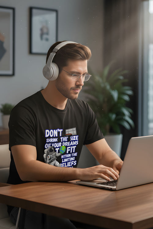 Black Cotton Printed T-Shirt for Men, Astronaut Dream Big Graphic, Short Sleeve, Regular Fit, Crew Neck