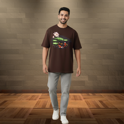 Hand-Painted Koi Fish Lotus Pond Oversized T-Shirt