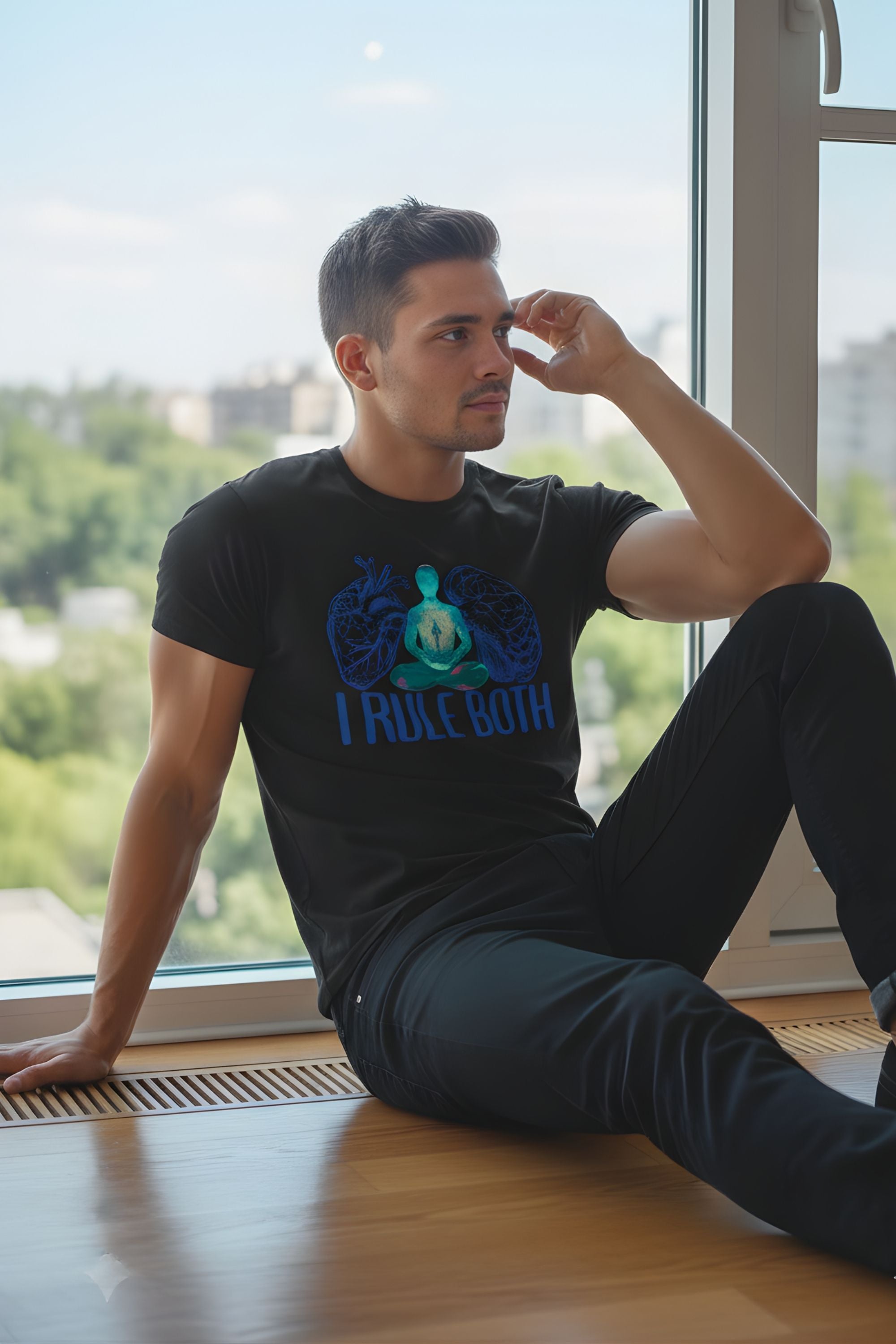 Black Cotton Printed T-Shirt for Man, Meditation Wellness Theme, Short Sleeve, Crew Neck, Regular Fit