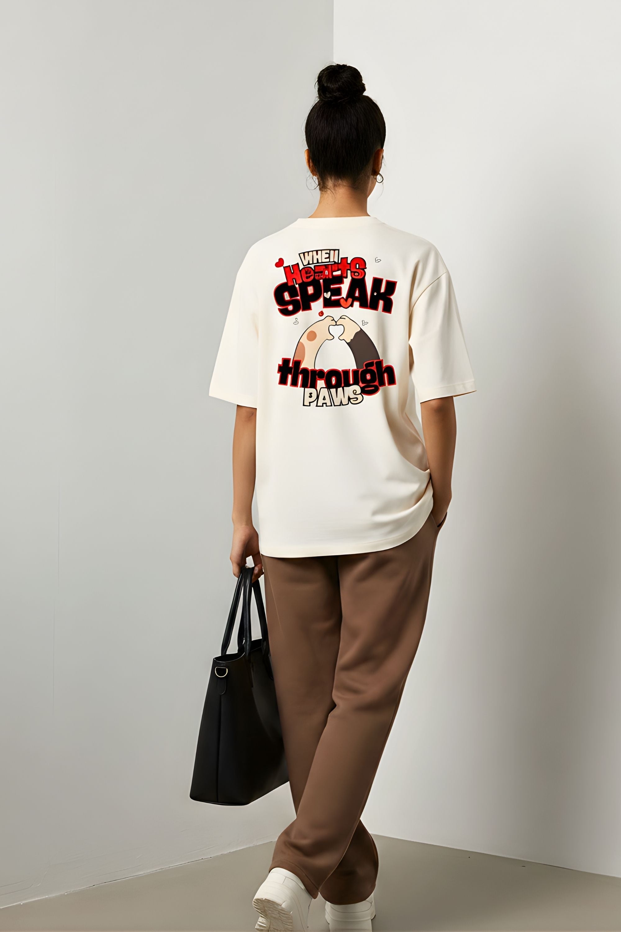 Hearts Speak Through Paws Oversized Graphic Tee - Off-White Premium Cotton, Unisex Fit