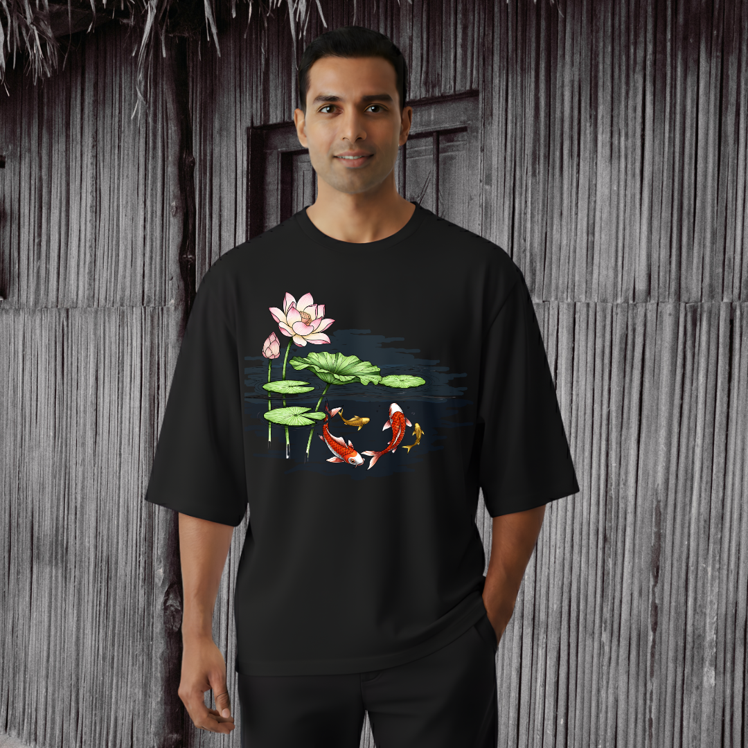 Hand-Painted Koi Fish Lotus Pond Oversized T-Shirt