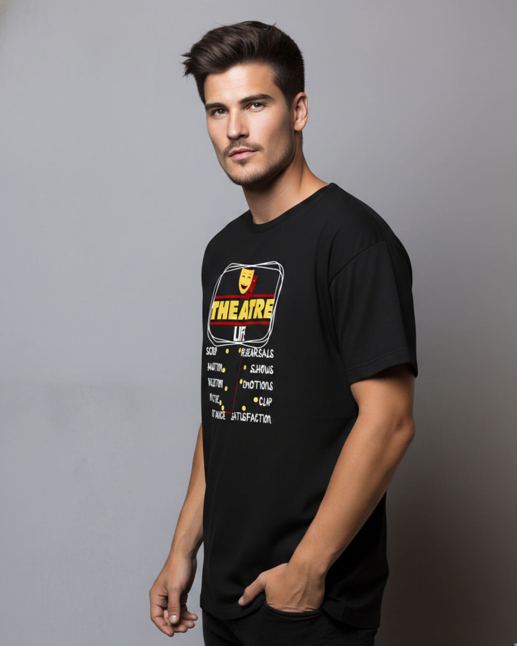 Theatre Life Graphic Print Unisex T-Shirt, Pure Cotton Breathable Fabric, Crew Neck, Regular Fit, Black