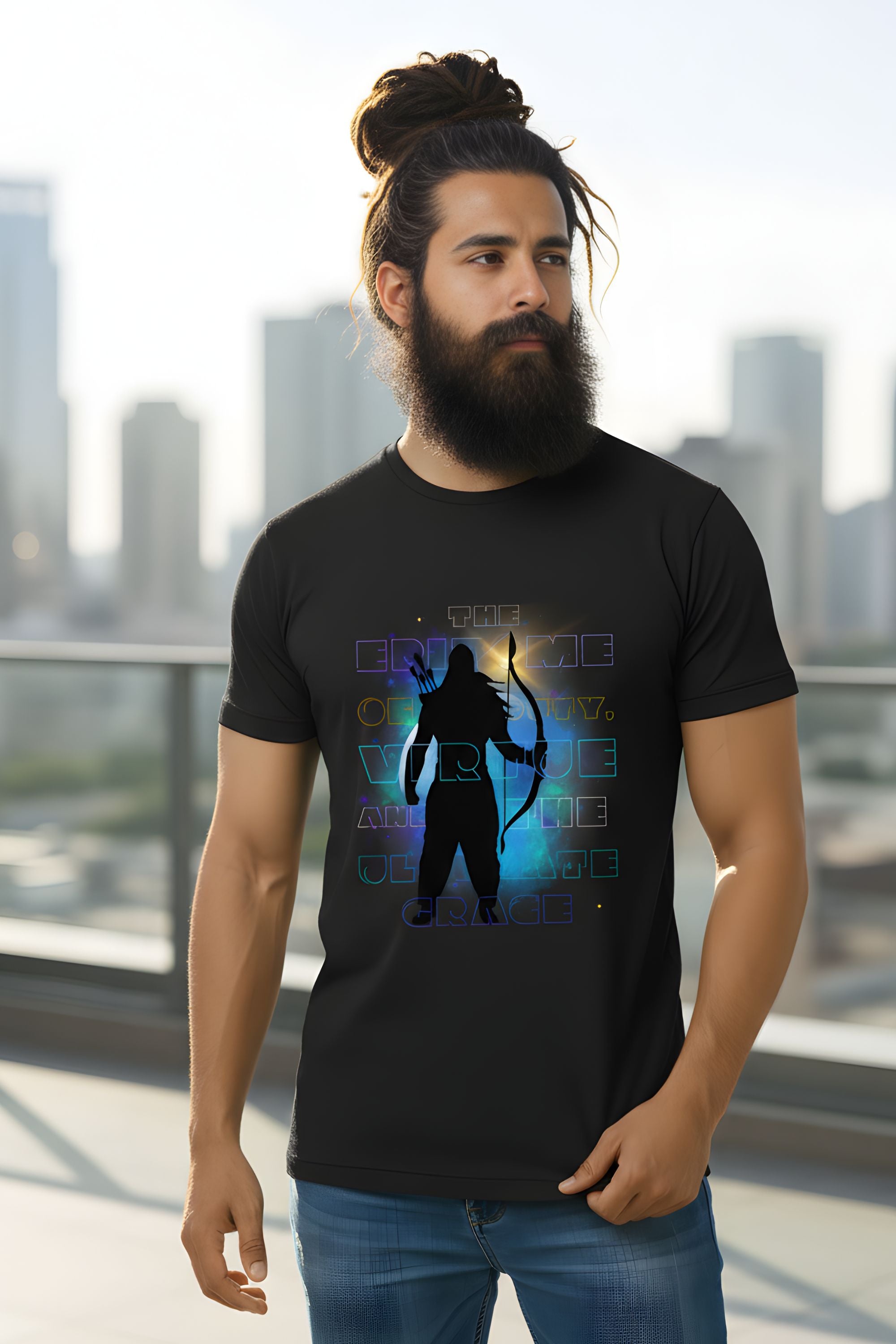 Black Cotton Printed T-Shirt for Unisex, Shri Ram The Ideal Man, Short Sleeve, Crew Neck, Regular Fit