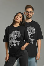 Unisex Oversized Black Cotton T-Shirt, Odisha Handprint Graphic Print, Art & Culture Theme, Casual Fit