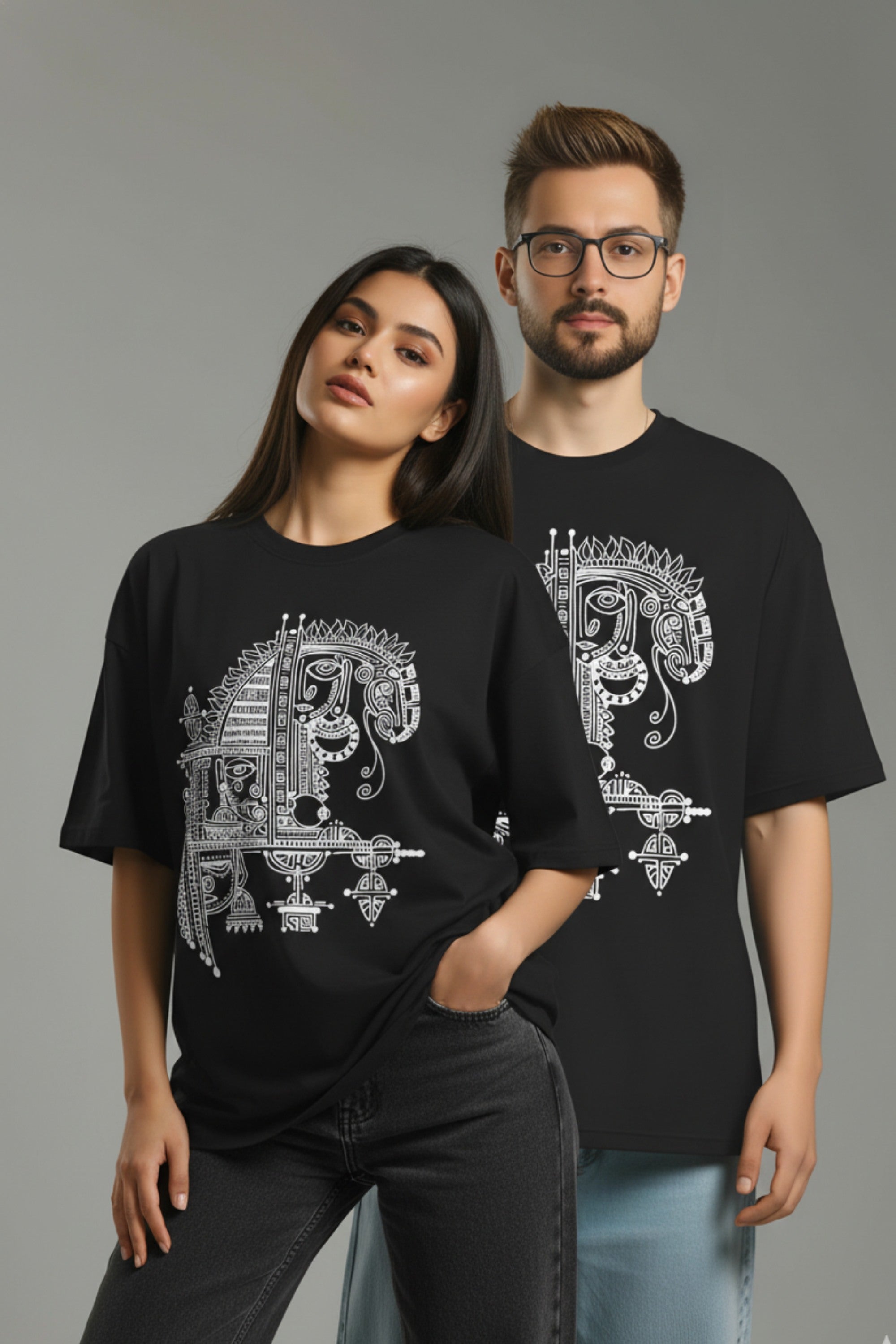Unisex Oversized Black Cotton T-Shirt, Odisha Handprint Graphic Print, Art & Culture Theme, Casual Fit