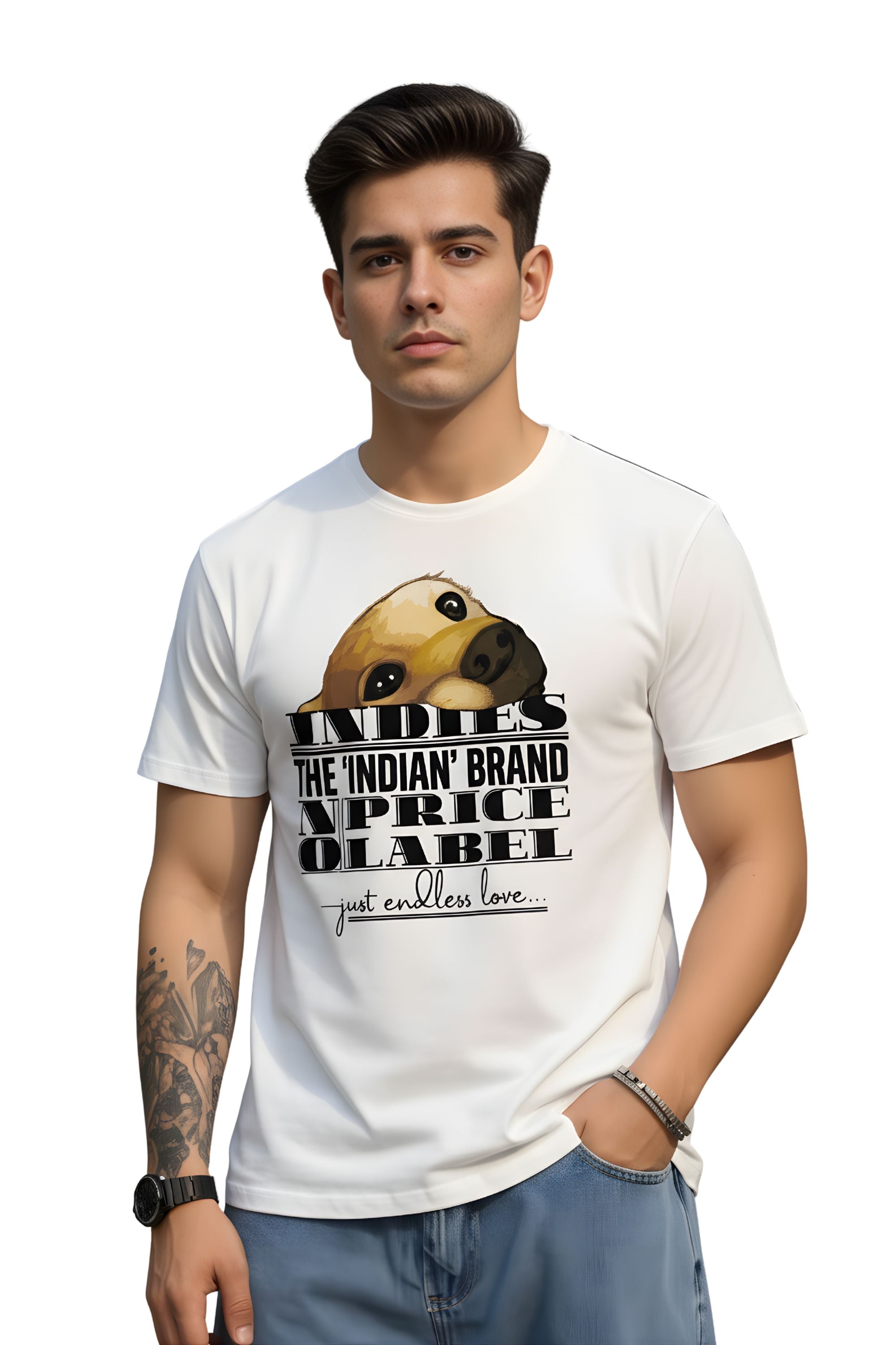 Men's White Cotton Graphic Printed T-Shirt, Regular Fit, Crew Neck, Short Sleeve, Indies Dog Lover