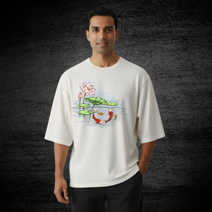 Hand-Painted Koi Fish Lotus Pond Oversized T-Shirt