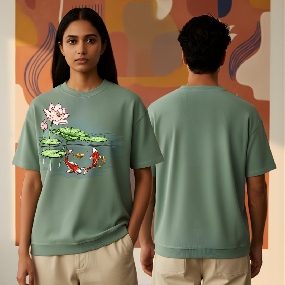 Hand-Painted Koi Fish Lotus Pond Oversized T-Shirt