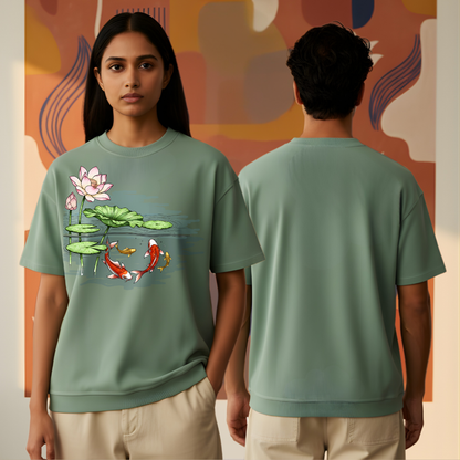 Hand-Painted Koi Fish Lotus Pond Oversized T-Shirt