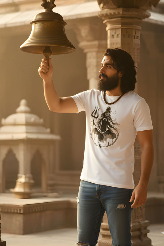Shiva Graphic Printed White Cotton T-Shirt for Men, Regular Fit, Crew Neck, Short Sleeve