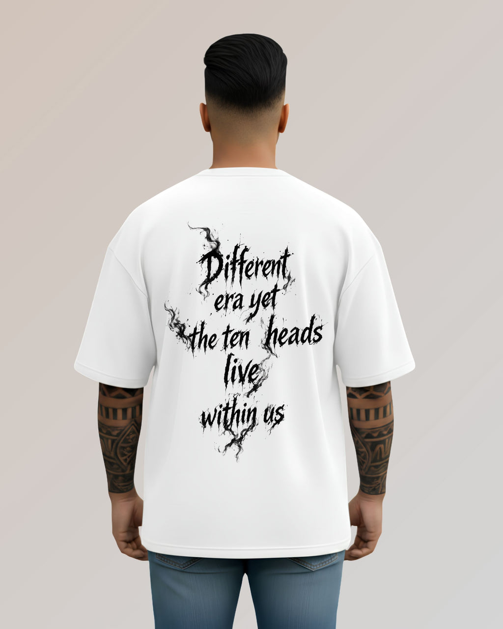 Ravan Ten-Headed Graphic Oversized T-Shirt, White, Cotton, Printed, Crew Neck, Half Sleeve