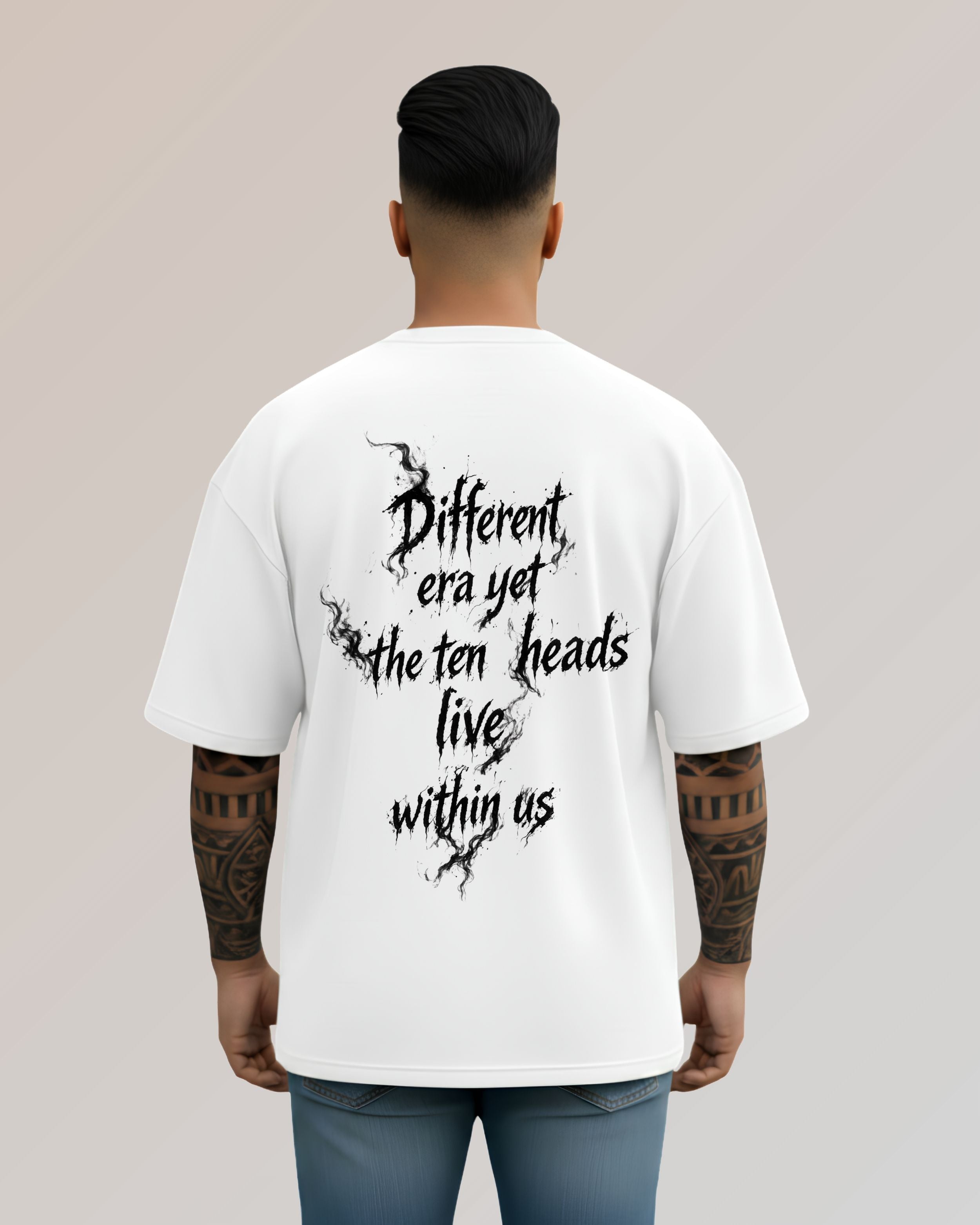Ravan Ten-Headed Graphic Oversized T-Shirt, White, Cotton, Printed, Crew Neck, Half Sleeve