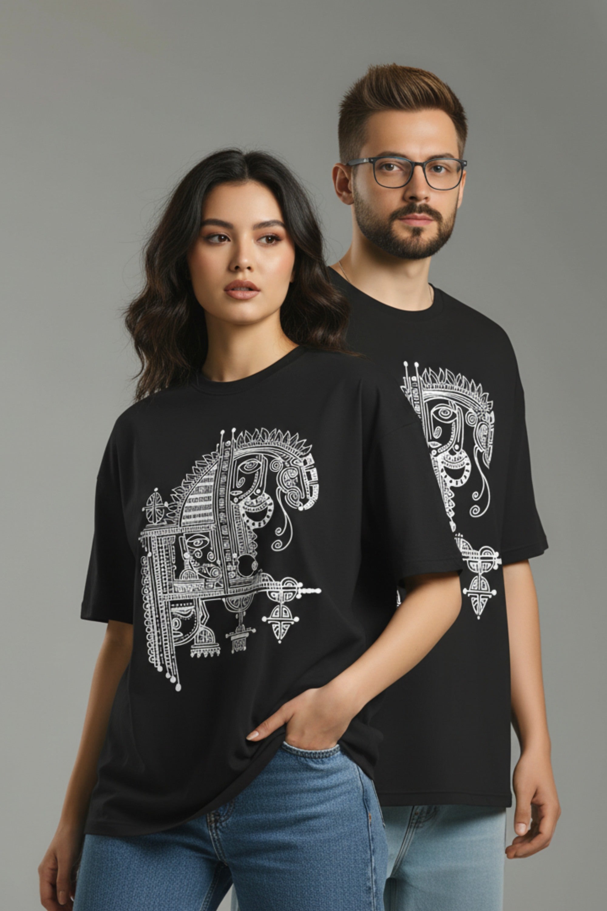 Unisex Oversized Black Cotton T-Shirt, Odisha Handprint Graphic Print, Art & Culture Theme, Casual Fit