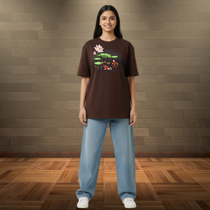Hand-Painted Koi Fish Lotus Pond Oversized T-Shirt