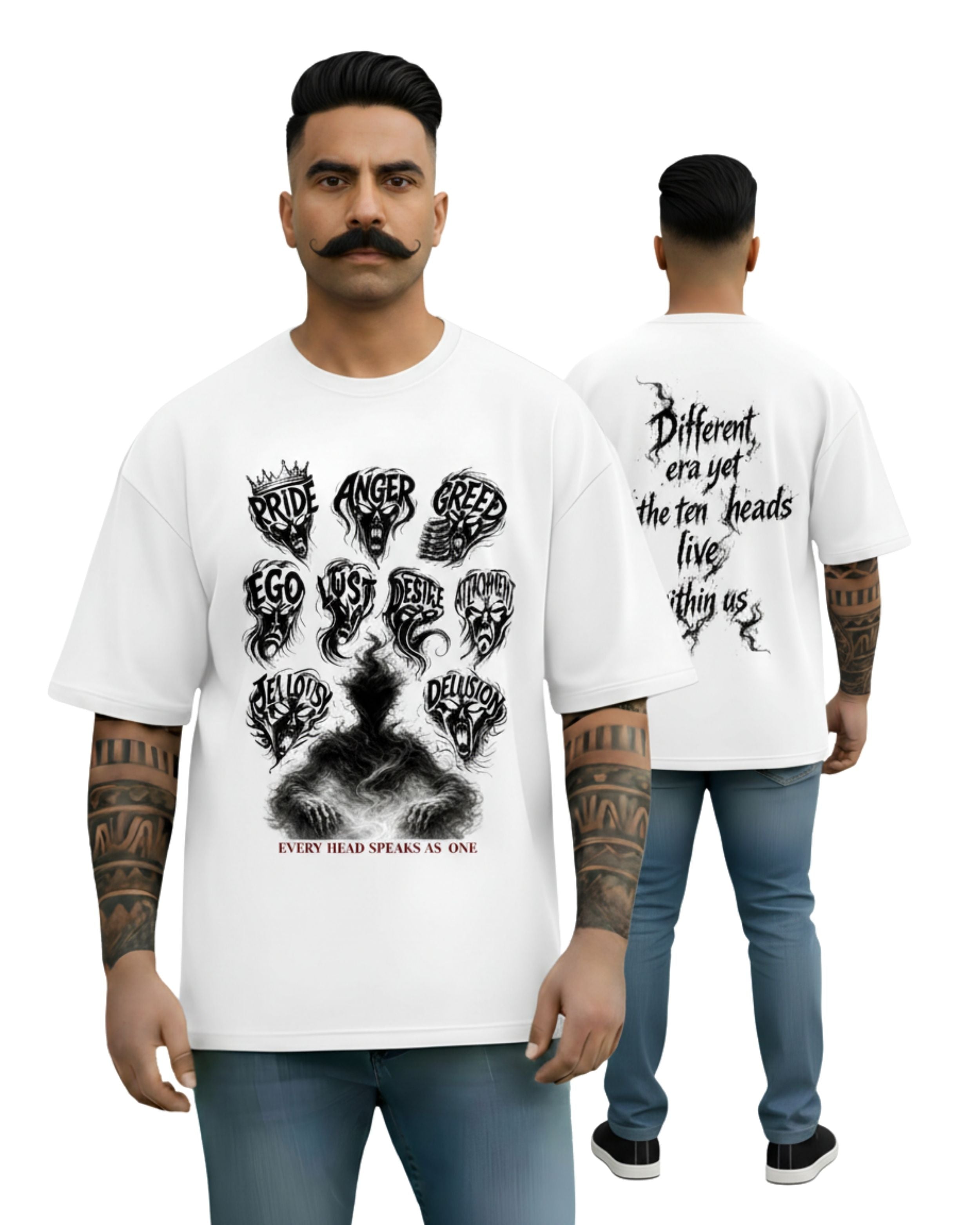 Ravan Ten-Headed Graphic Oversized T-Shirt, White, Cotton, Printed, Crew Neck, Half Sleeve