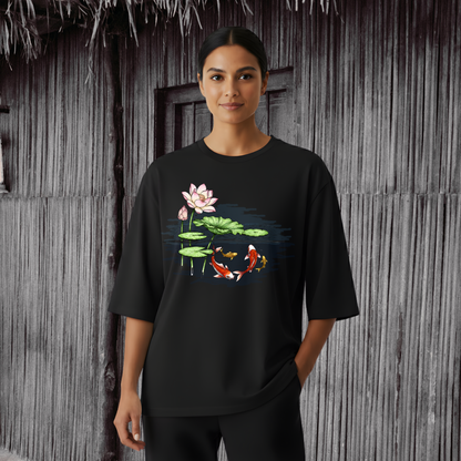 Hand-Painted Koi Fish Lotus Pond Oversized T-Shirt