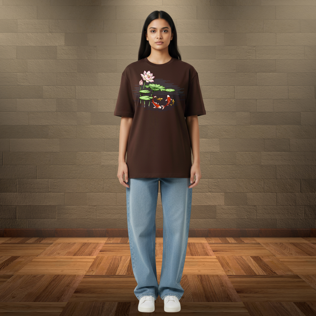 Hand-Painted Koi Fish Lotus Pond Oversized T-Shirt