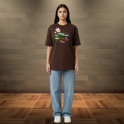 Hand-Painted Koi Fish Lotus Pond Oversized T-Shirt