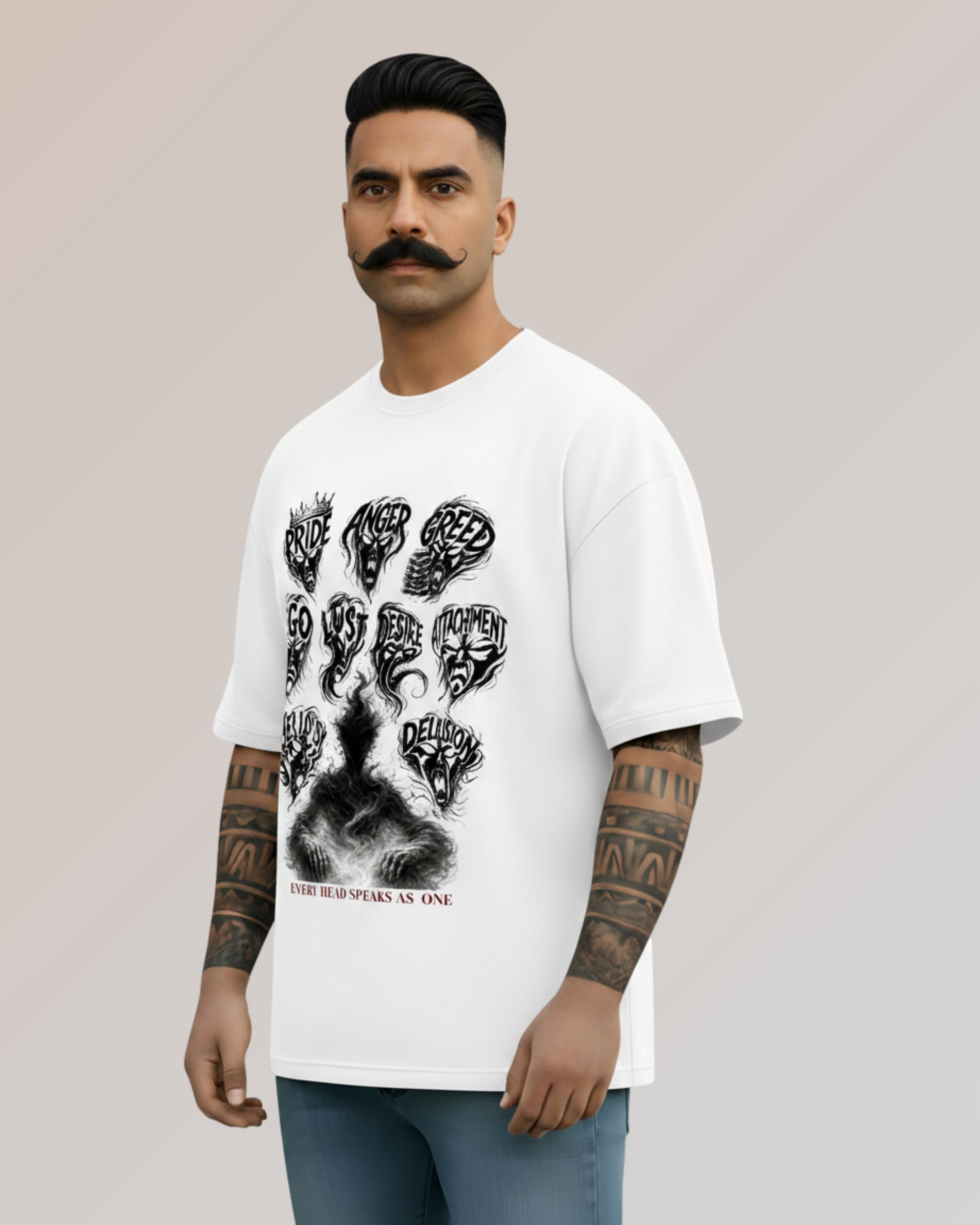 Ravan Ten-Headed Graphic Oversized T-Shirt, White, Cotton, Printed, Crew Neck, Half Sleeve