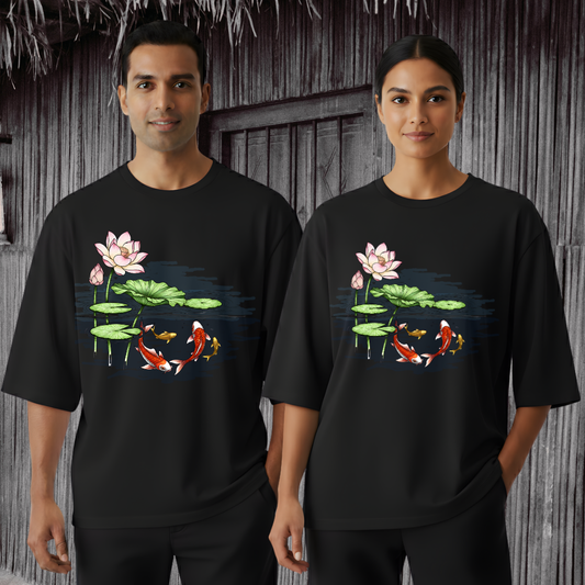 Hand-Painted Koi Fish Lotus Pond Oversized T-Shirt