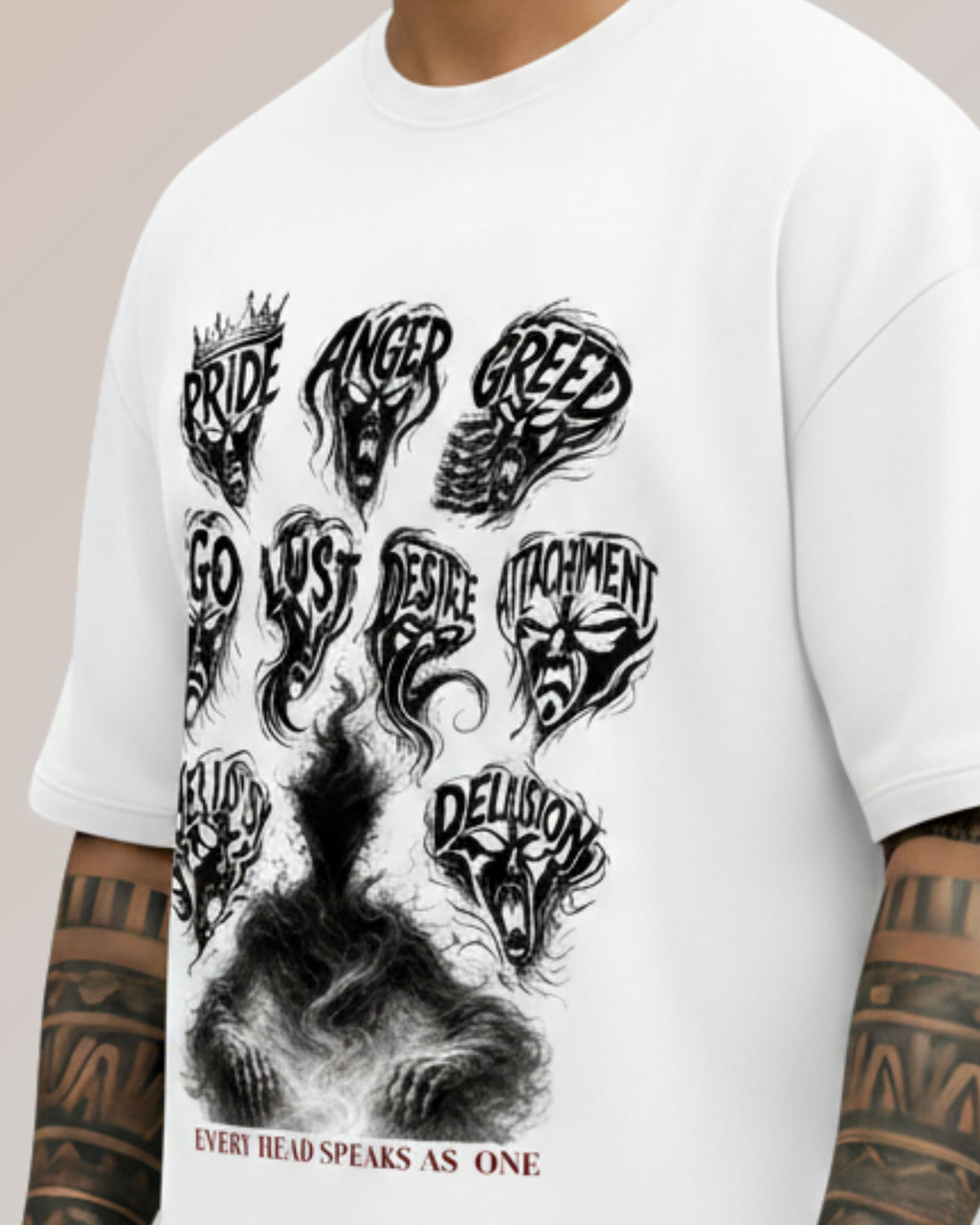 Ravan Ten-Headed Graphic Oversized T-Shirt, White, Cotton, Printed, Crew Neck, Half Sleeve