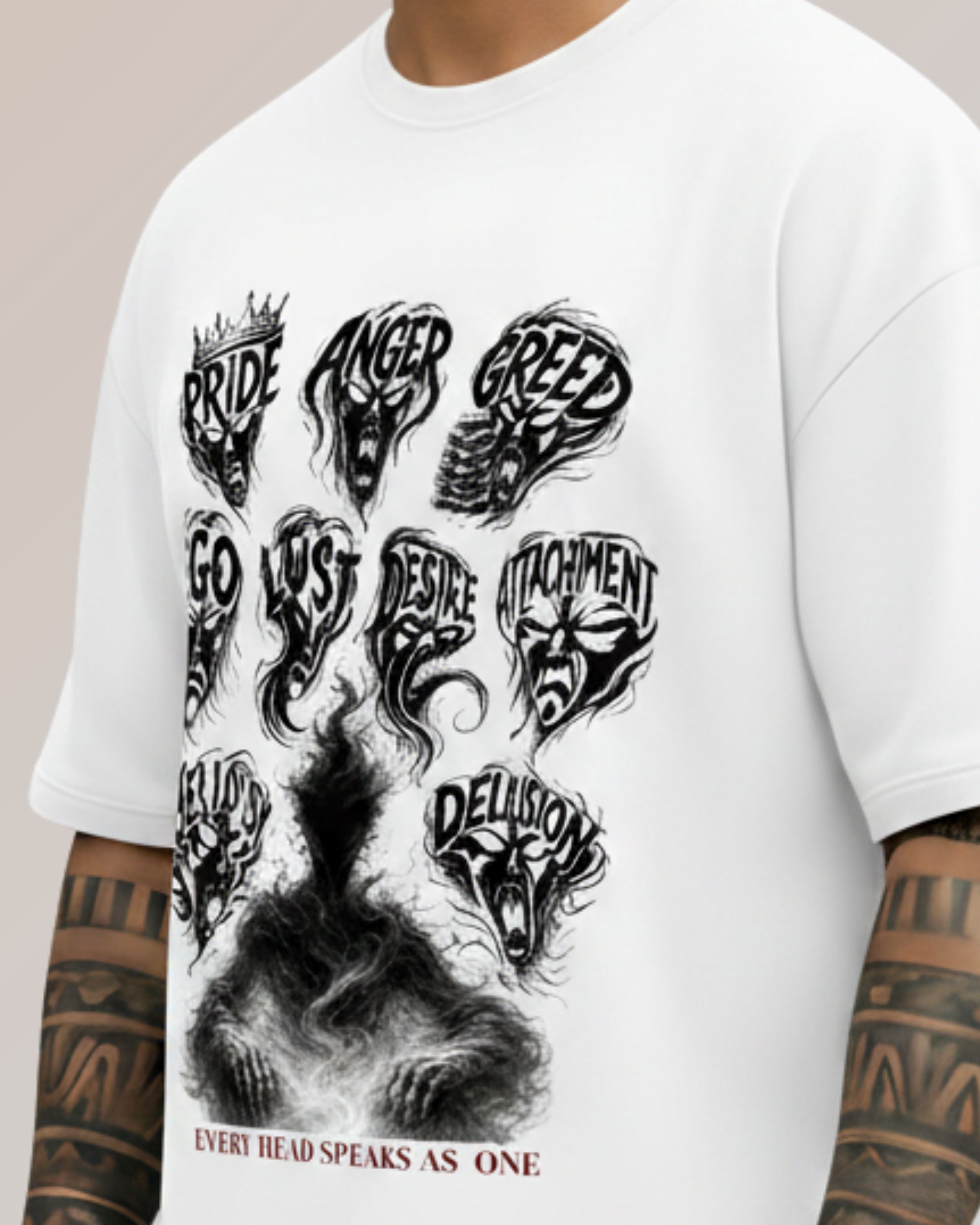 Ravan Ten-Headed Graphic Oversized T-Shirt, White, Cotton, Printed, Crew Neck, Half Sleeve