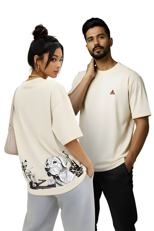 Unisex Oversized Cotton T-Shirt - Aesthetic Geometric Labrador Dog Back Print - Baggy Fit Drop Shoulder Streetwear Tee for Men & Women, Cream