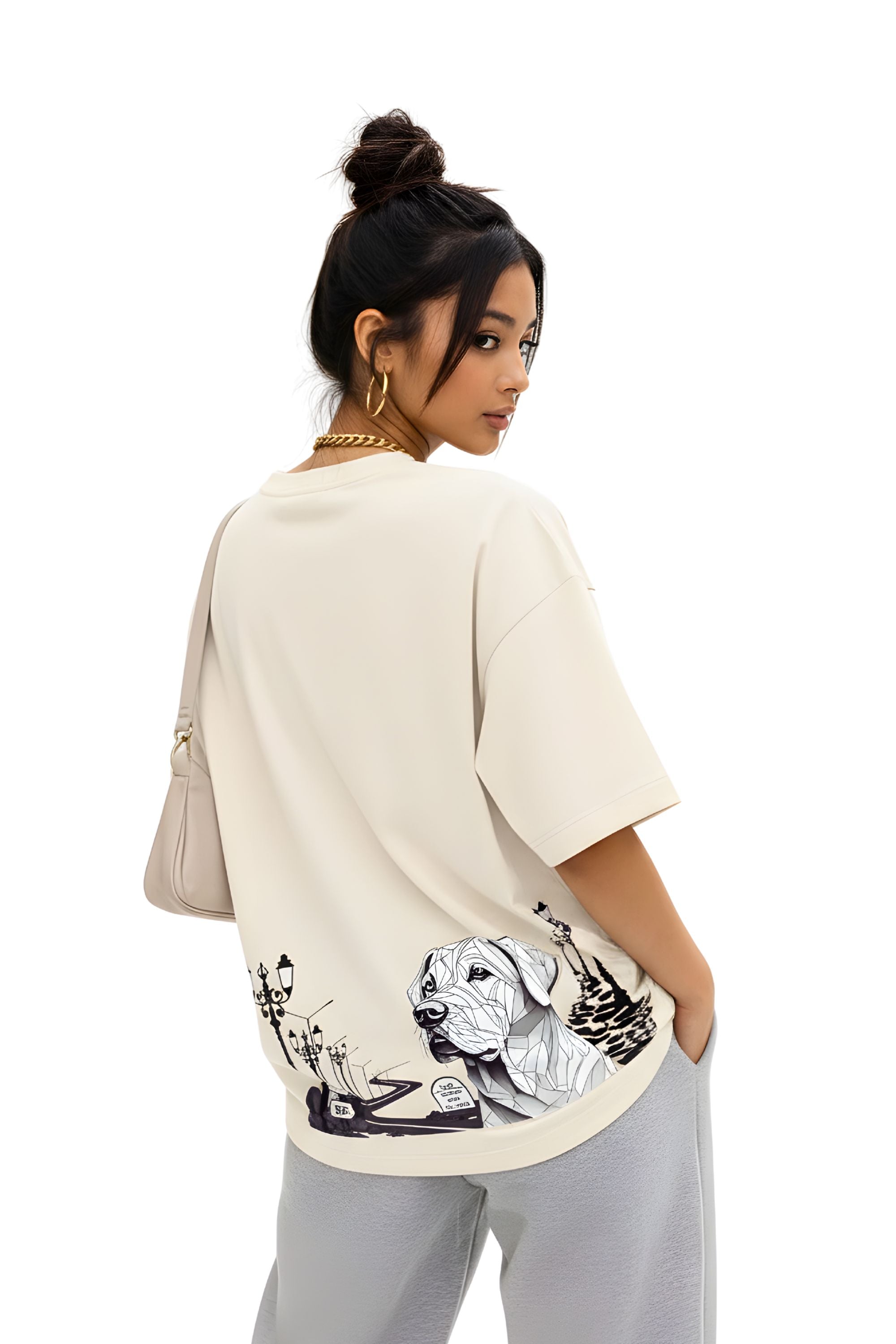 Unisex Oversized Cotton T-Shirt - Aesthetic Geometric Labrador Dog Back Print - Baggy Fit Drop Shoulder Streetwear Tee for Men & Women, Cream
