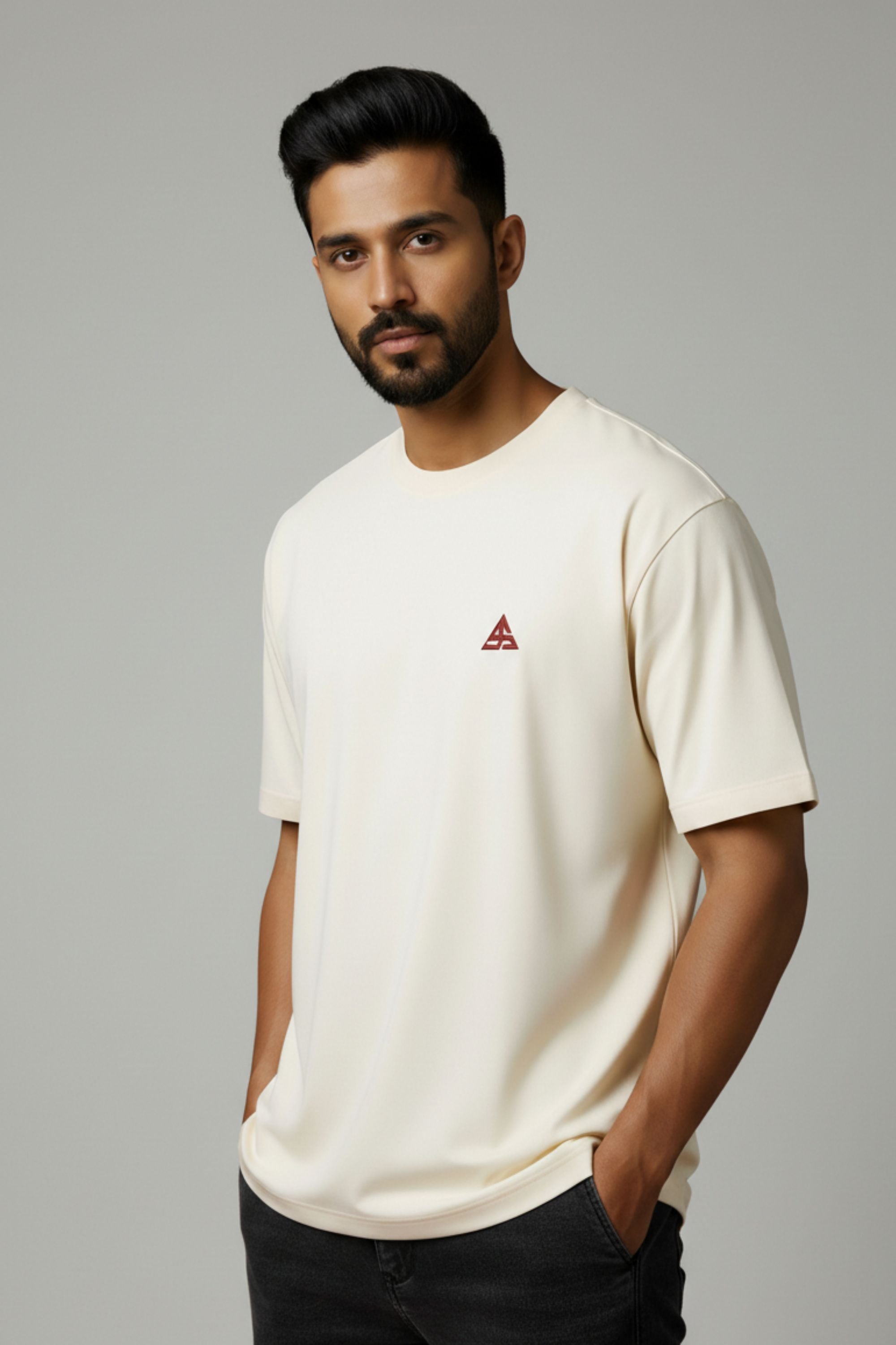 Unisex Oversized Cotton T-Shirt - Aesthetic Geometric Labrador Dog Back Print - Baggy Fit Drop Shoulder Streetwear Tee for Men & Women, Cream