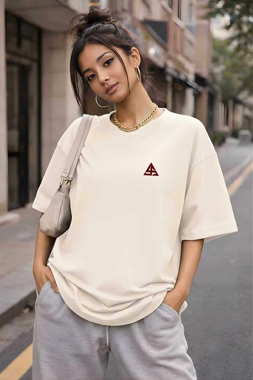 Unisex Oversized Cotton T-Shirt - Aesthetic Geometric Labrador Dog Back Print - Baggy Fit Drop Shoulder Streetwear Tee for Men & Women, Cream