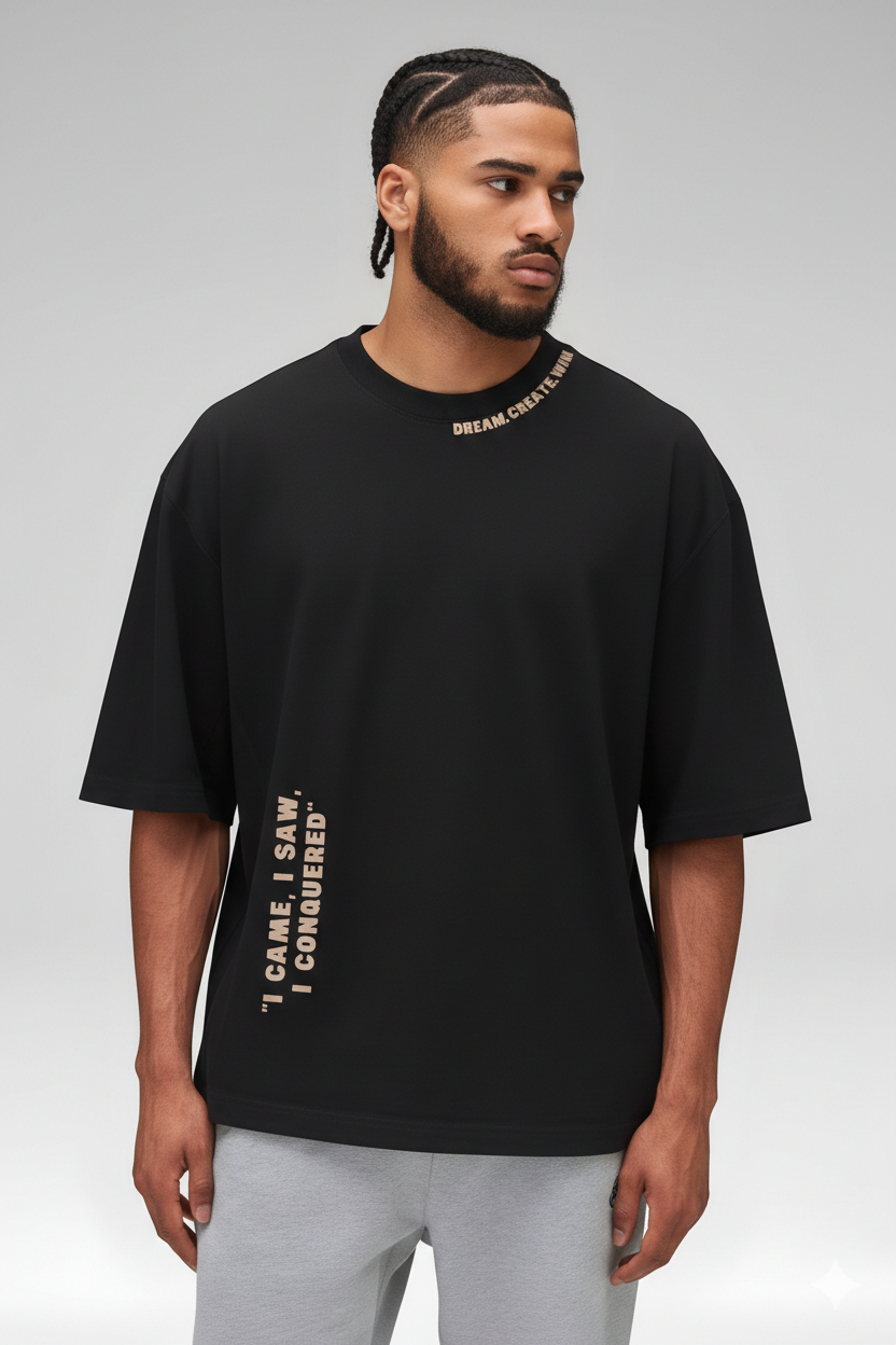 Unisex Aesthetic Typography Black Oversized T-Shirt | Drop Shoulder Baggy Fit Cotton Tee