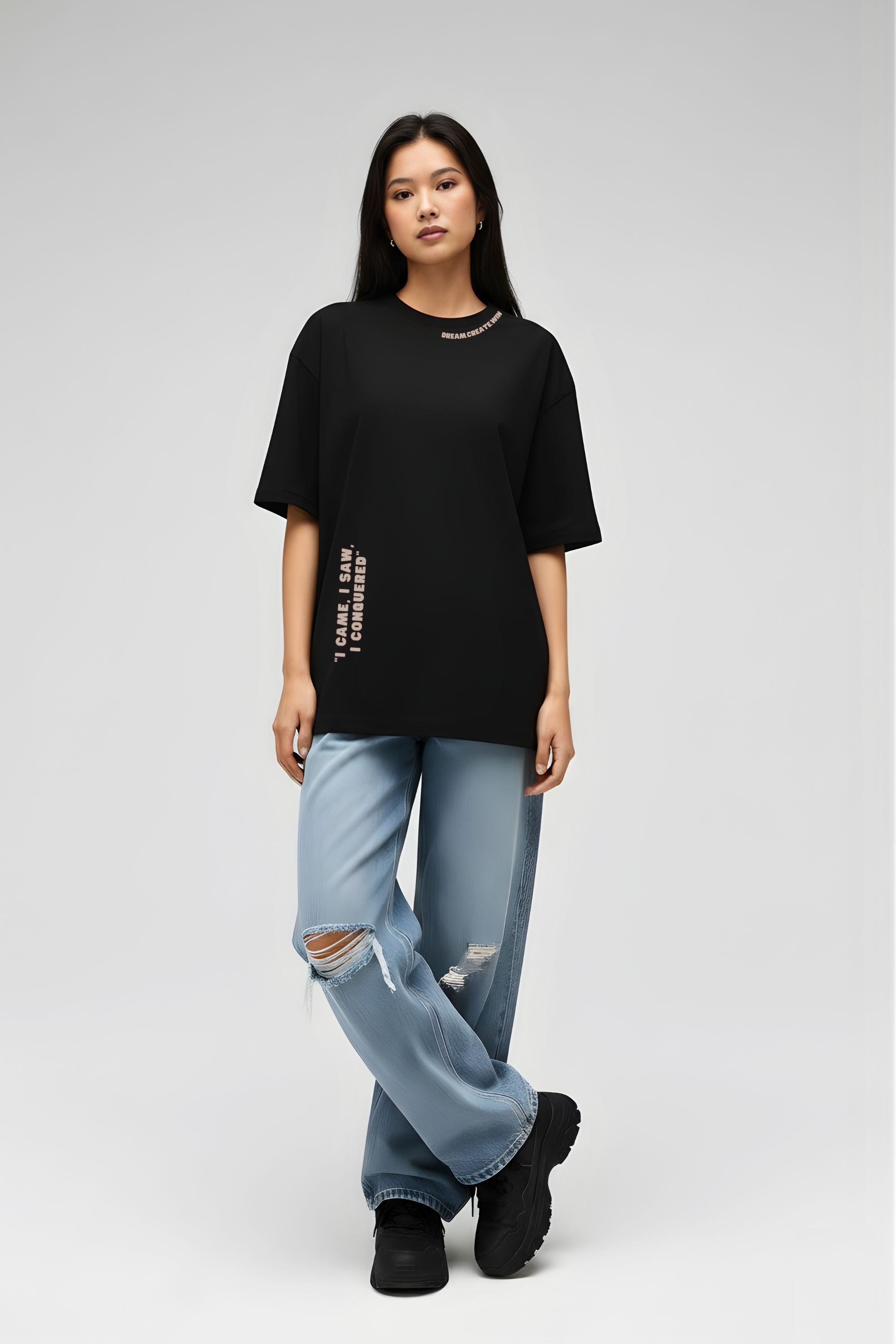 Unisex Aesthetic Typography Black Oversized T-Shirt | Drop Shoulder Baggy Fit Cotton Tee