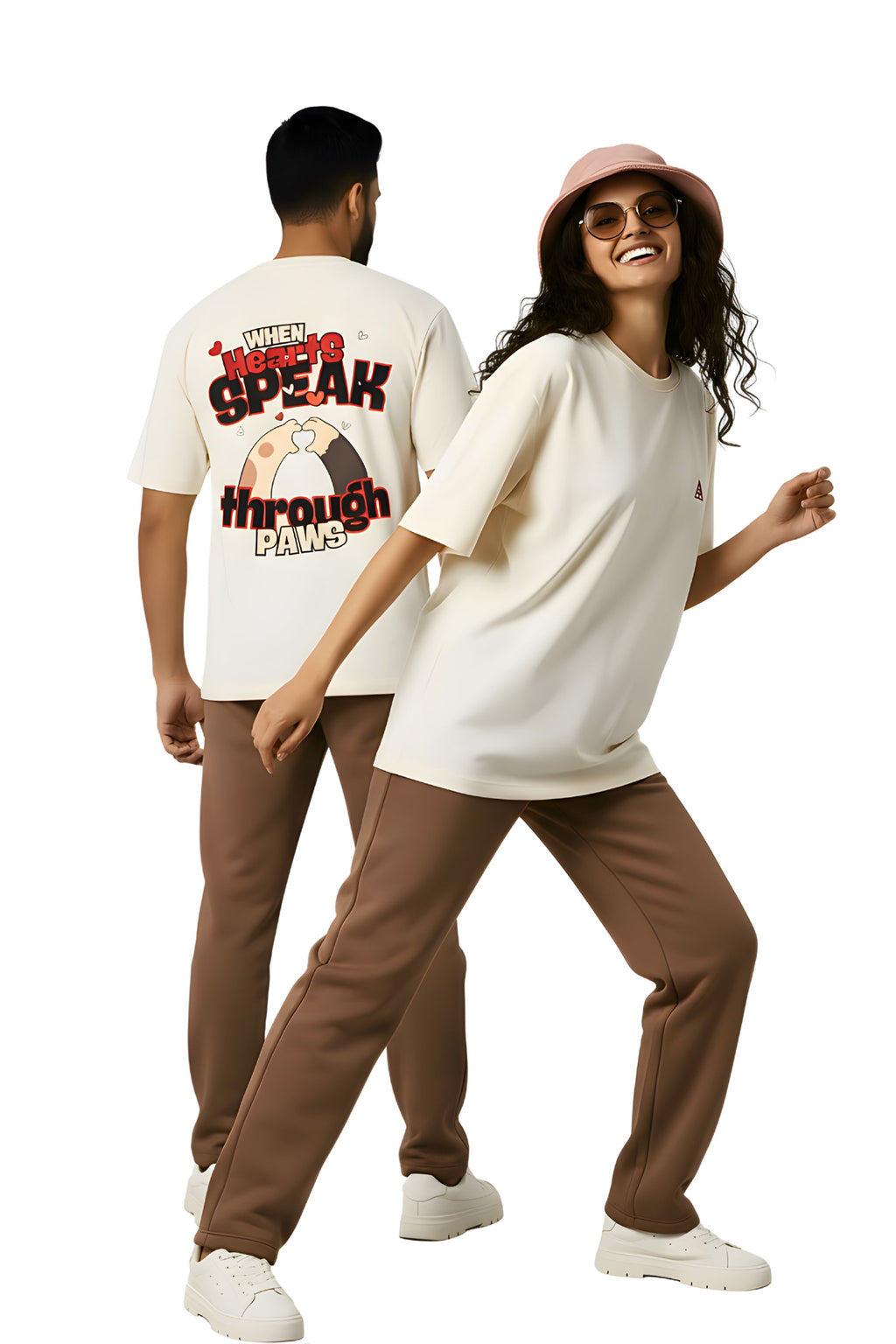 Hearts Speak Through Paws Oversized Graphic Tee - Off-White Premium Cotton, Unisex Fit