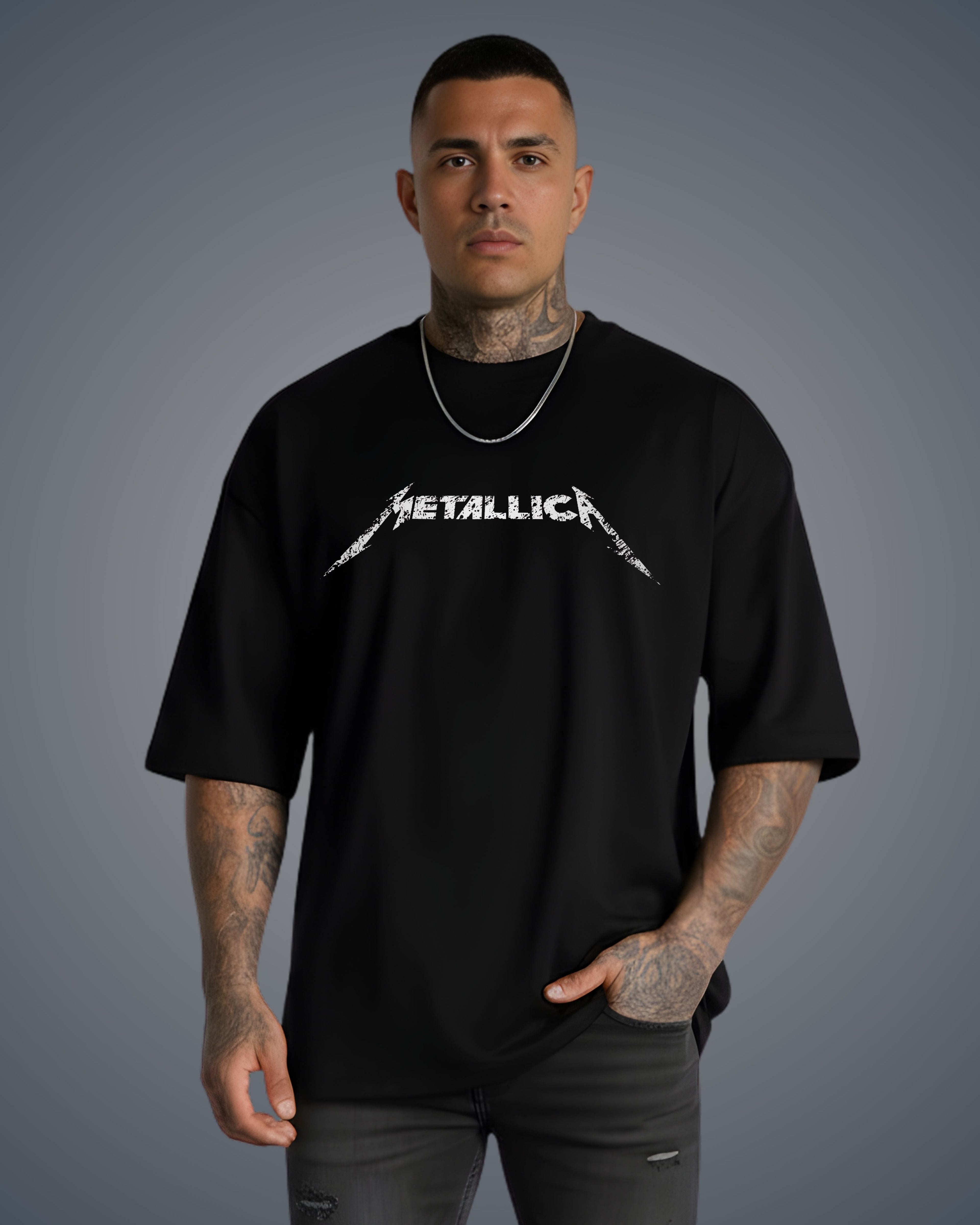 Metallica Graphic Printed Oversized T-Shirt, Pure Cotton, Black, Rock Music, Crew Neck, Short Sleeve