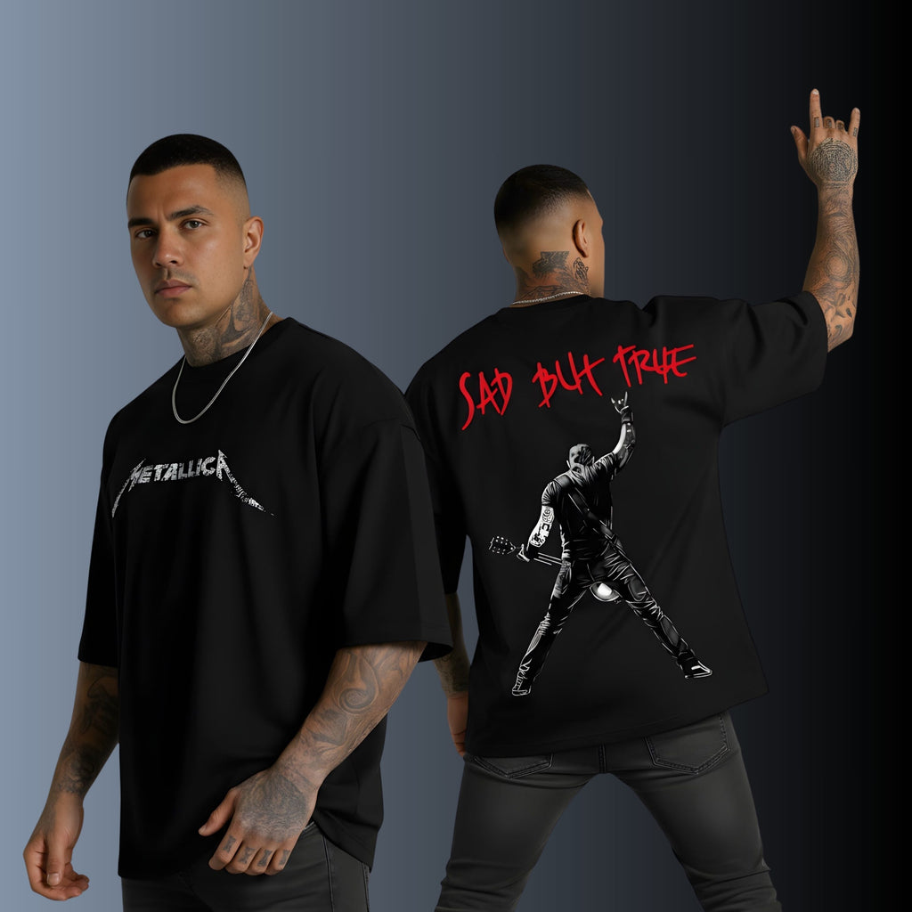 Metallica Graphic Printed Oversized T-Shirt, Pure Cotton, Black, Rock Music, Crew Neck, Short Sleeve