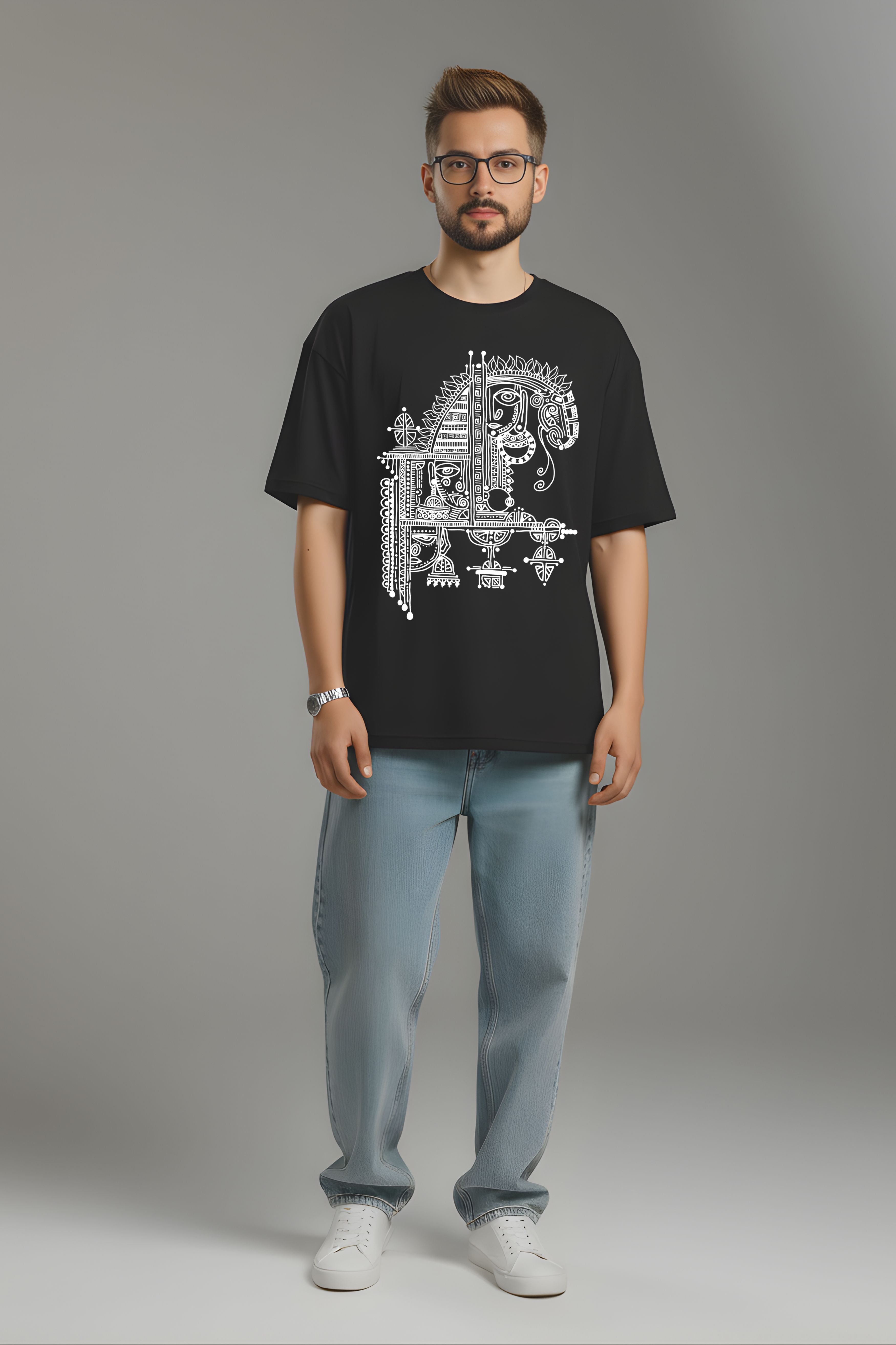 Odisha Handprint Men's Oversized T-Shirt, Black, Premium Cotton, Pattachitra Tribal Art Print